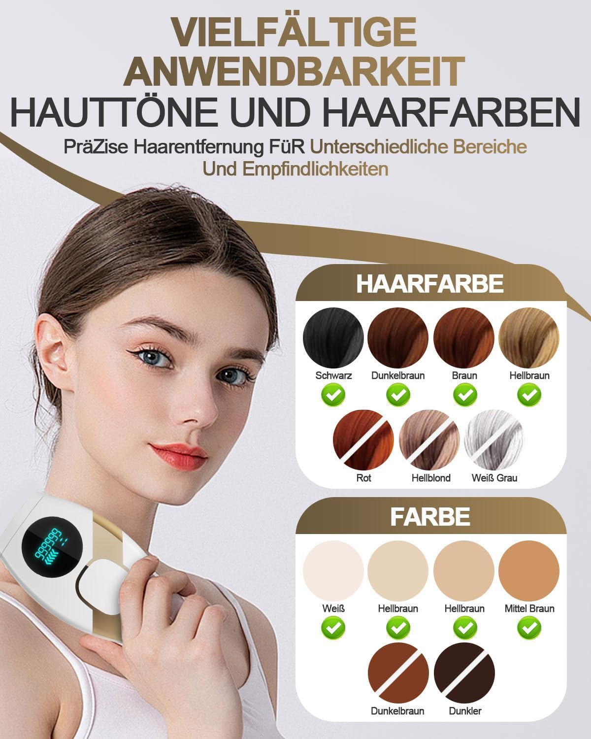 Frau mit Haarentfernungsgerät, zeigt Haar- und Hautfarben.