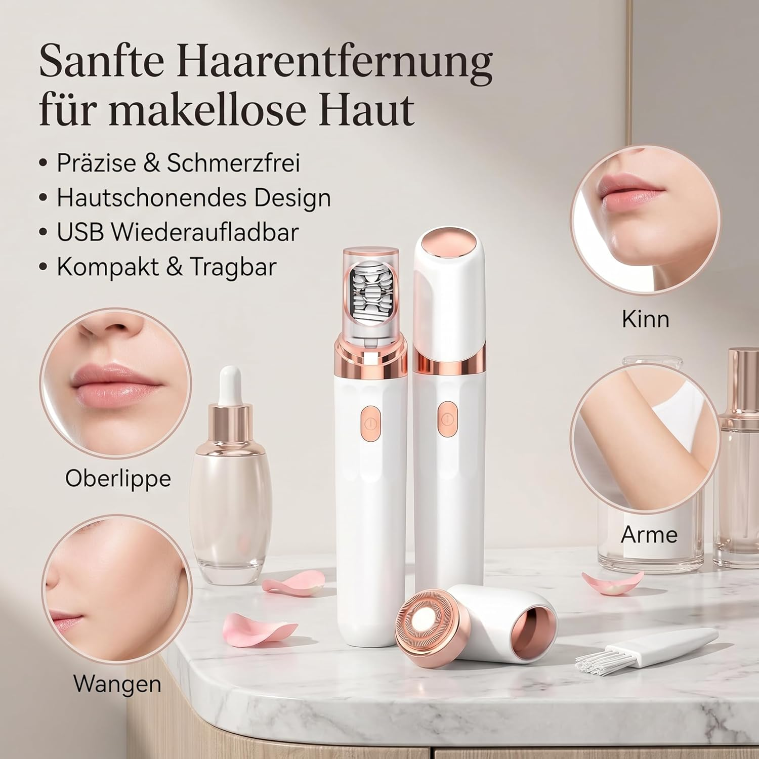 Produktabbildung mit Haarentfernern, Hautpartien und Text.