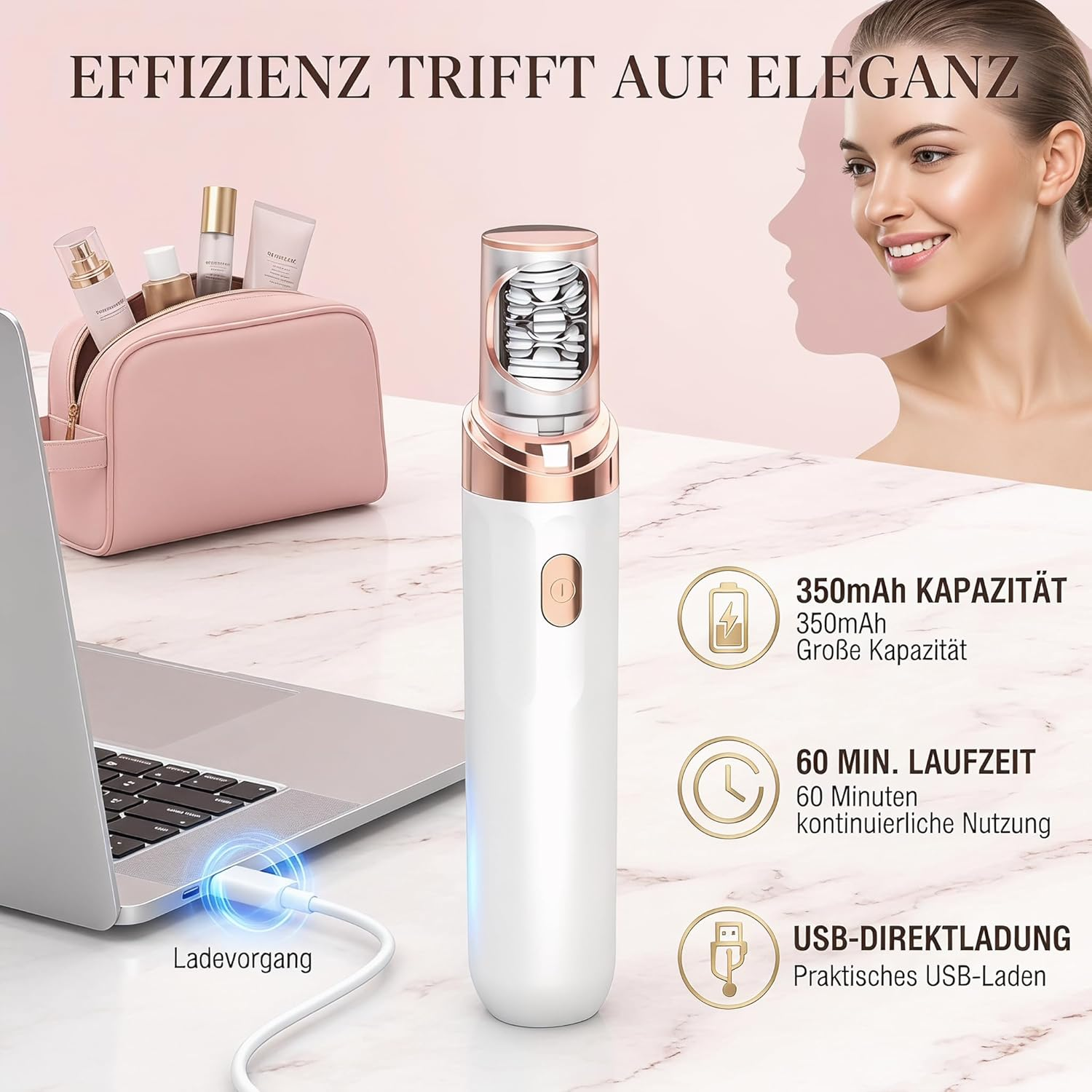Ein Beauty-Gerät lädt an einem Laptop, daneben Kosmetik und eine Frau.