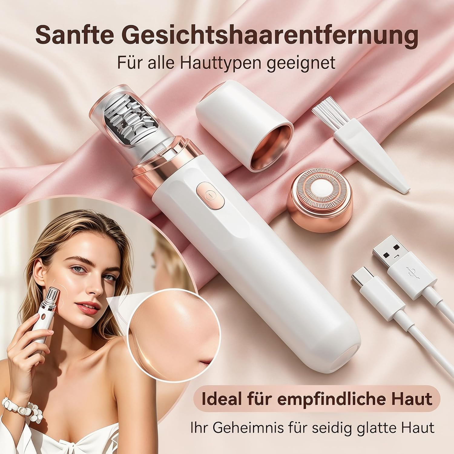 Weißer Gesichts-Haarentferner mit Roségold-Akzenten, USB-Kabel und Bürste.