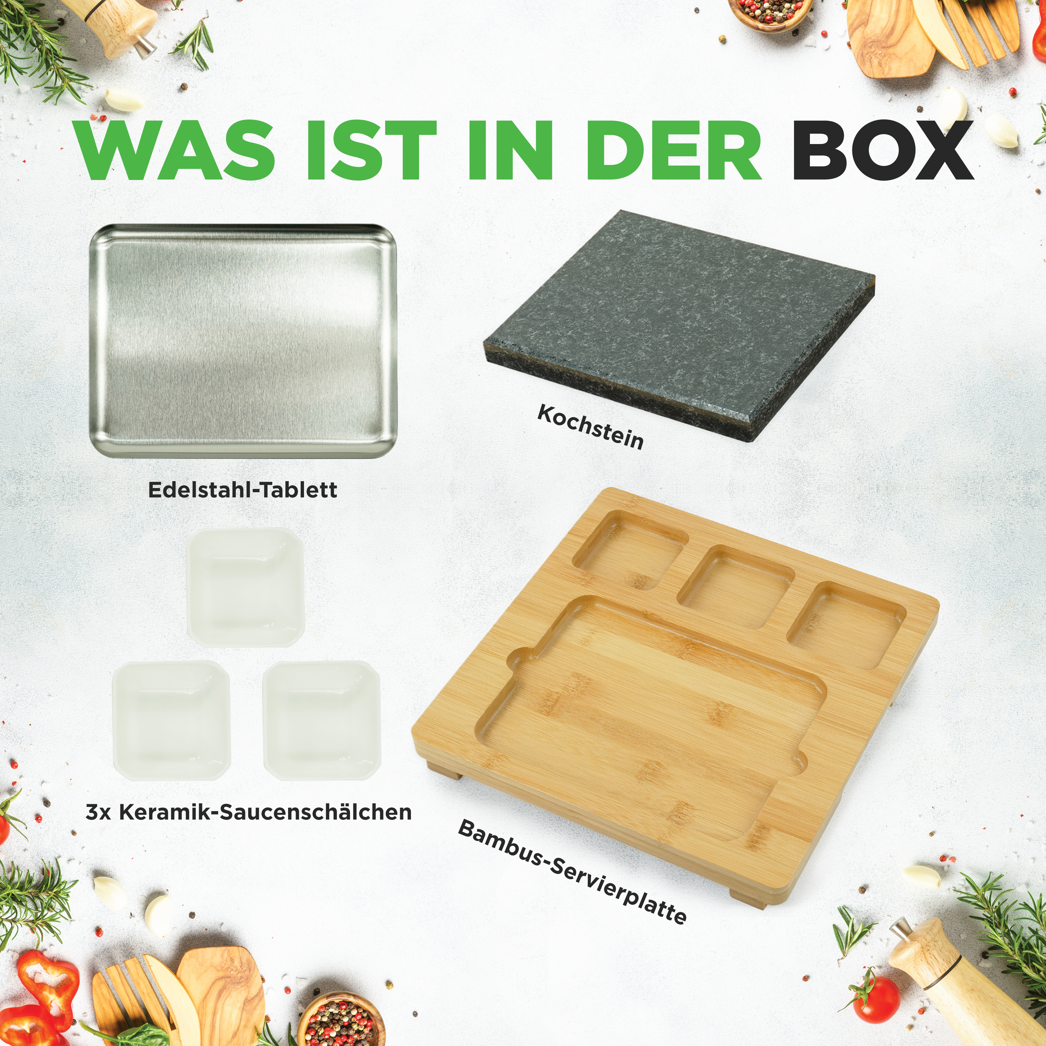 Edelstahl-Tablett, Kochstein, 3 Keramik-Saucenschälchen, Bambus-Servierplatte.