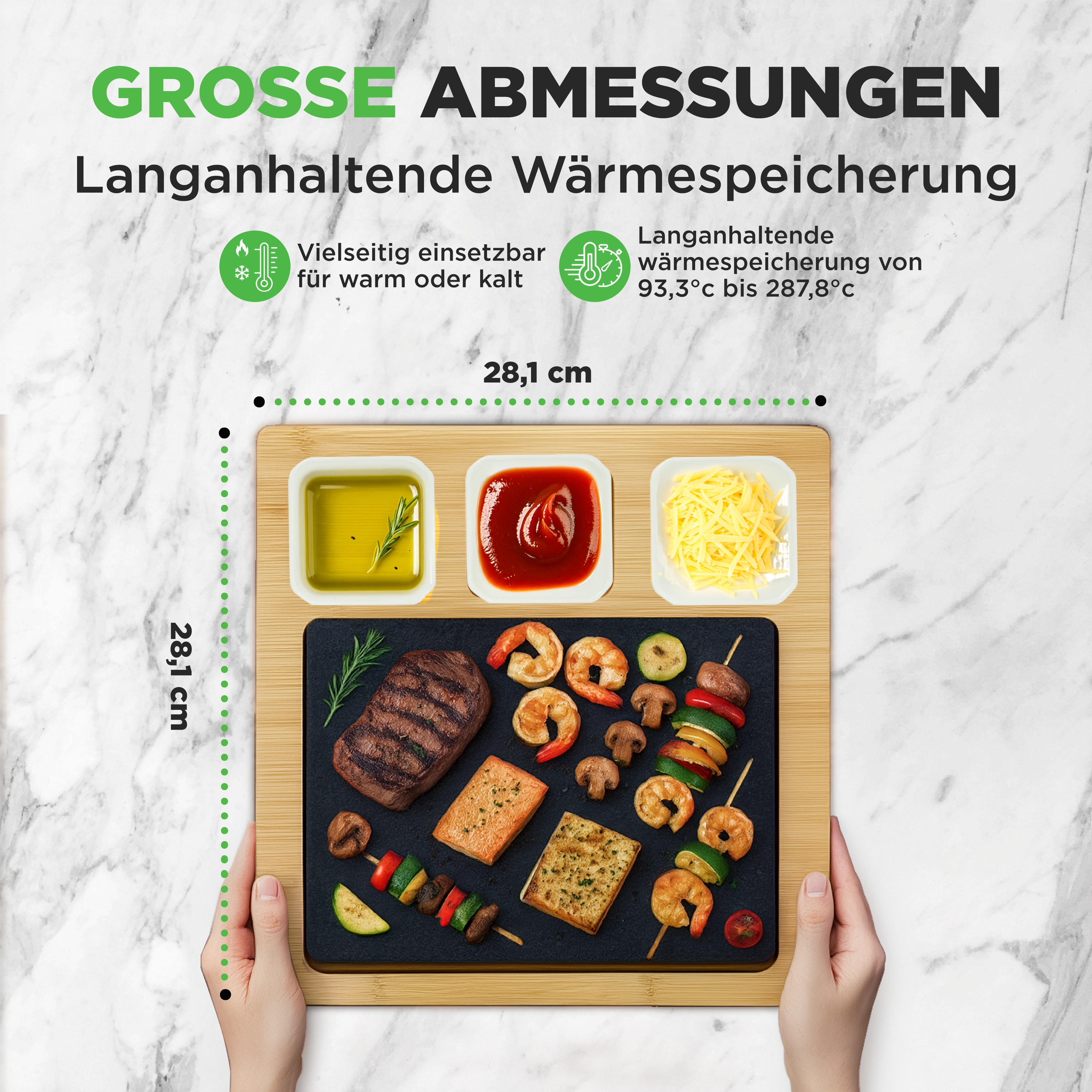 Eine rechteckige Platte mit Speisen: Steak, Garnelen, Pilze, Spieße, Fisch und Käse.