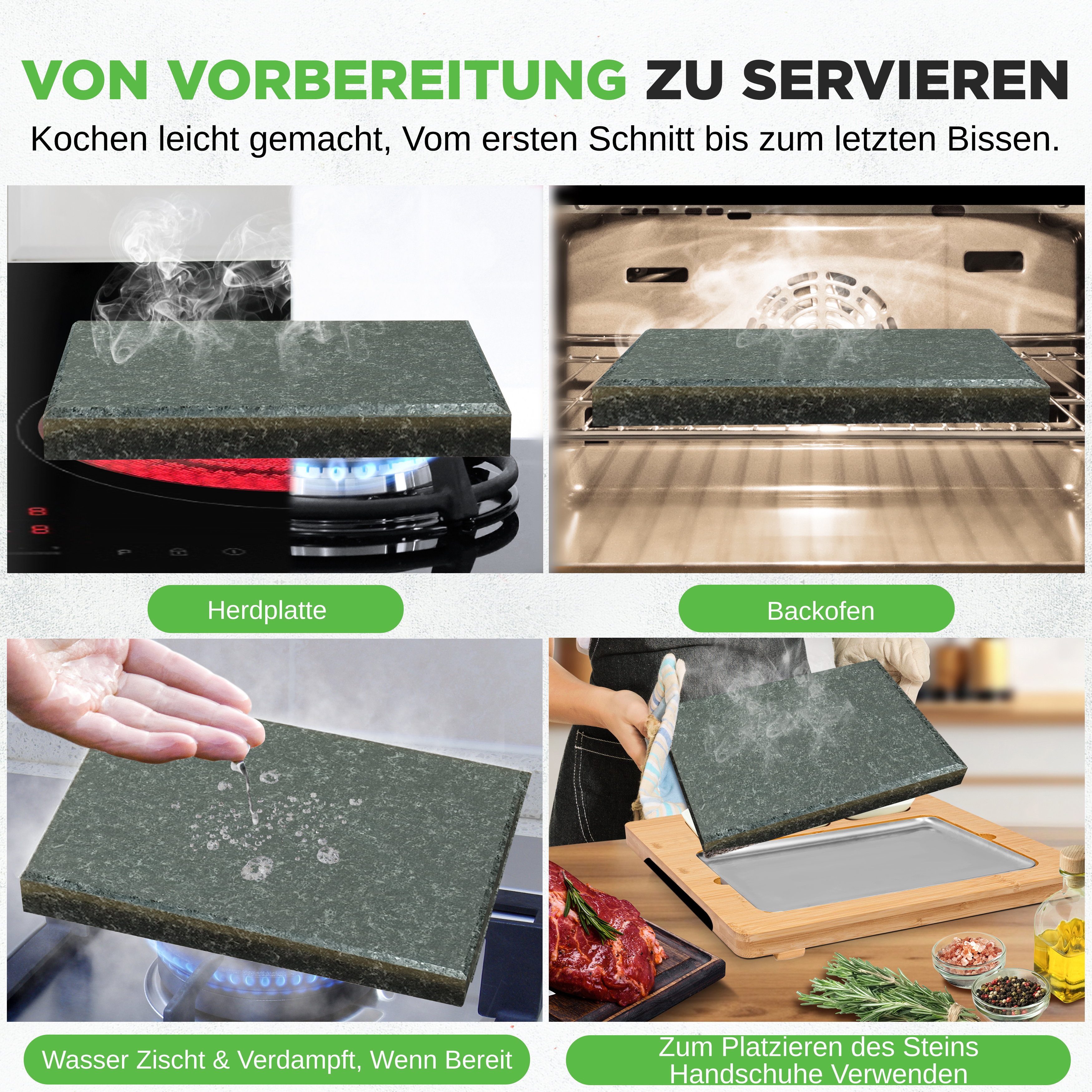 Vier Bilder zeigen einen Stein: auf Herdplatte, im Backofen, mit Wasser, und mit Fleisch.