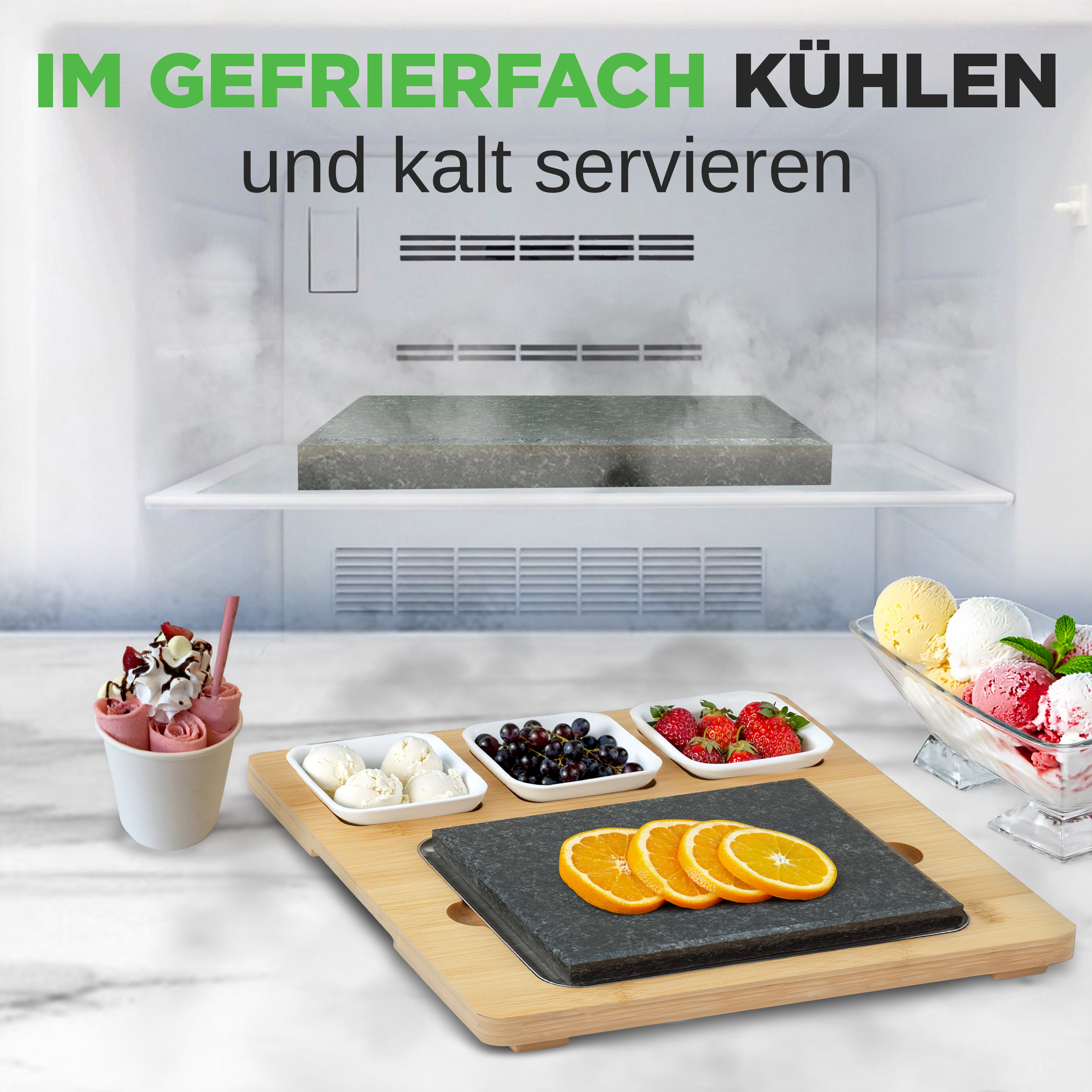 Gefrierfach mit Eis, Früchten, Orangenscheiben und einer Rolleiscreme.