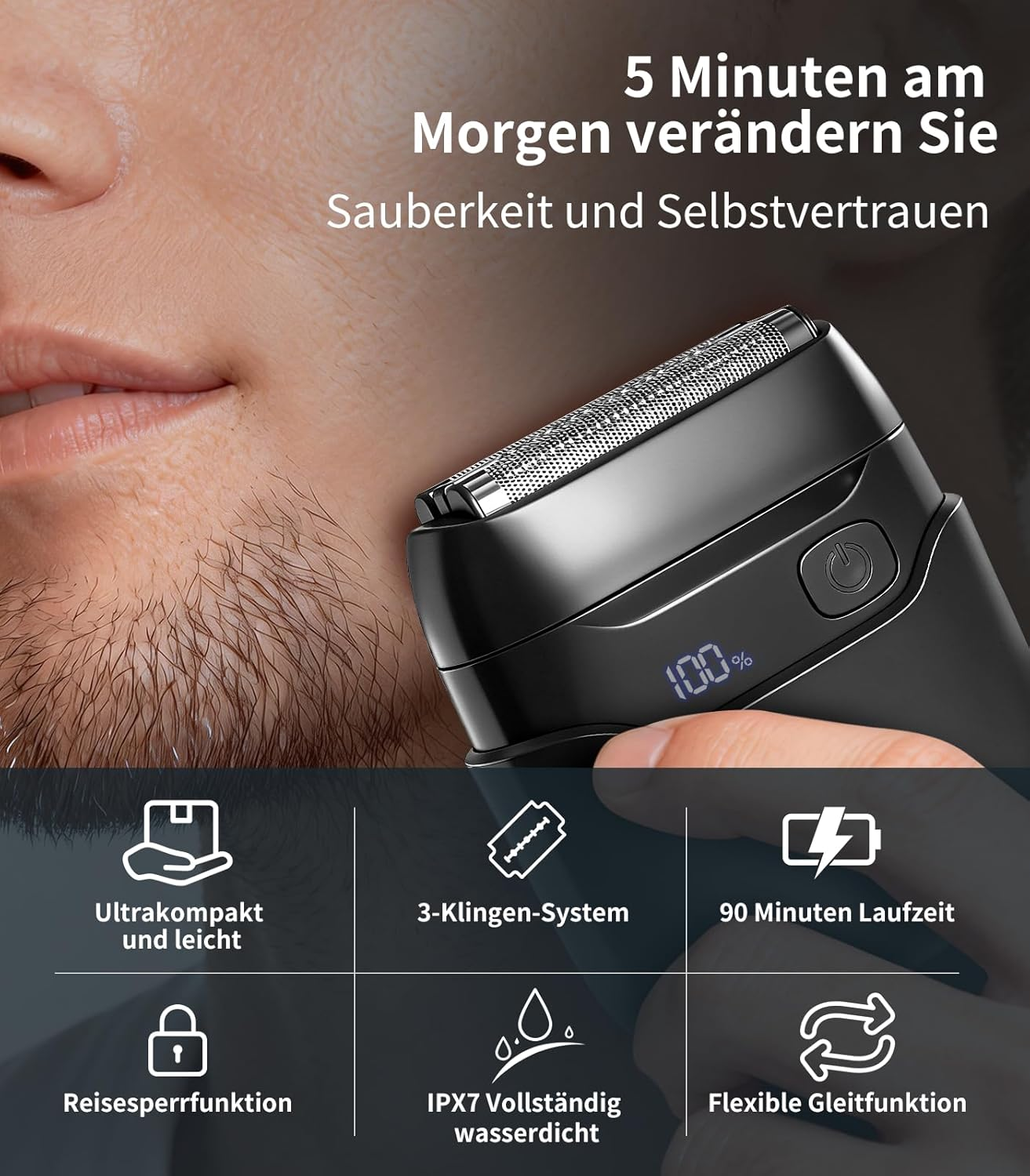 Ein schwarzer Elektrorasierer mit einer Anzeige von 100% und Icons für Funktionen.