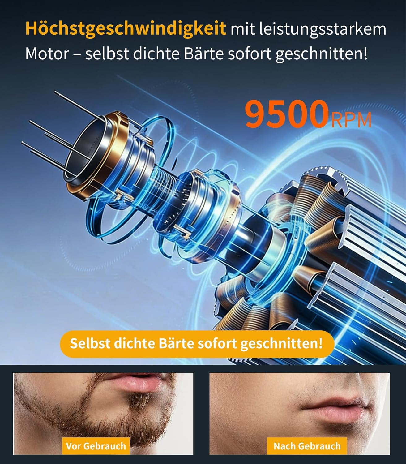 Hochgeschwindigkeitsmotor mit 9500 U/min schneidet dichte Bärte.