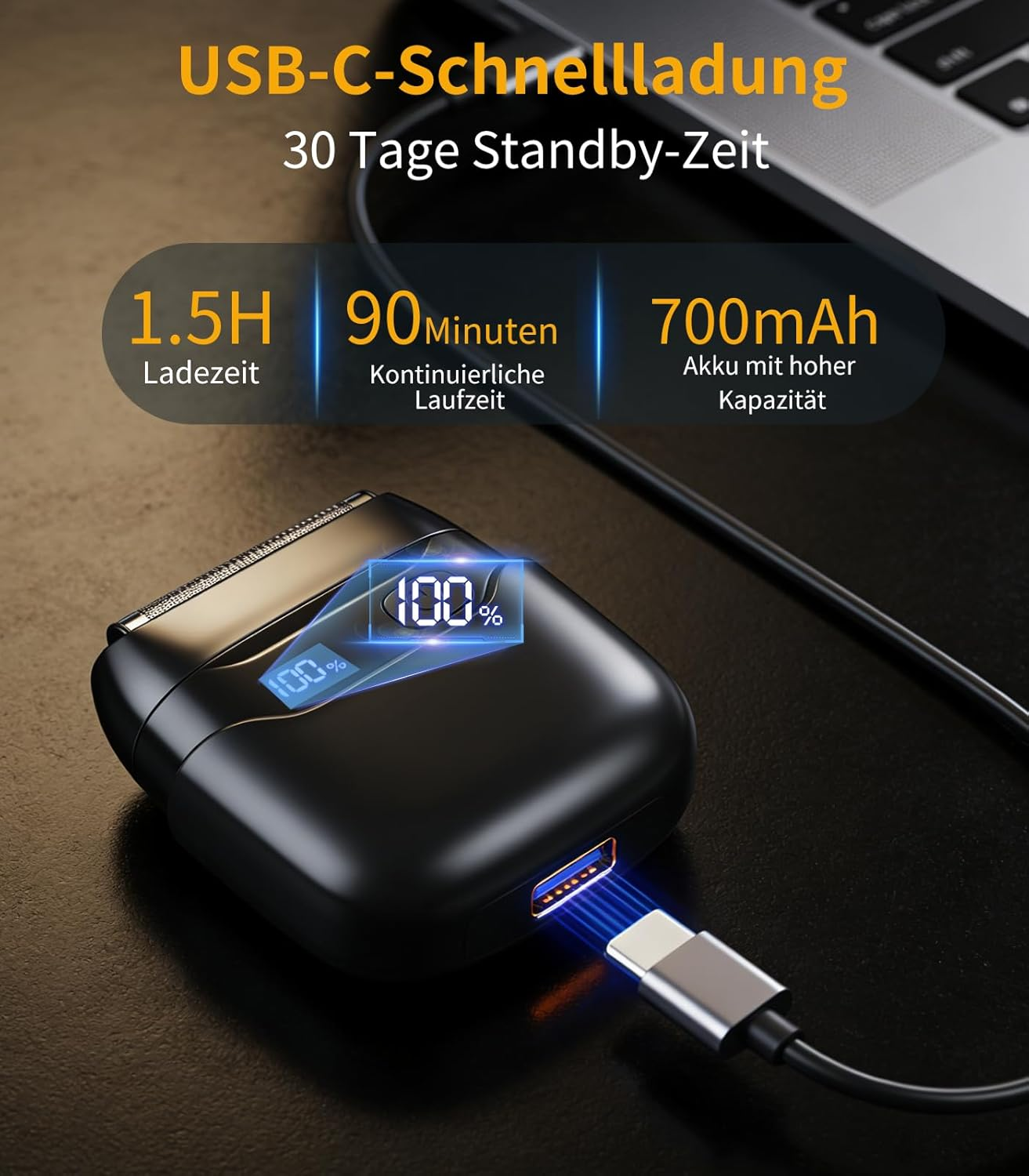 Schwarzer Rasierer mit USB-C-Ladekabel, 100% geladen, Ladezeit 1.5h.