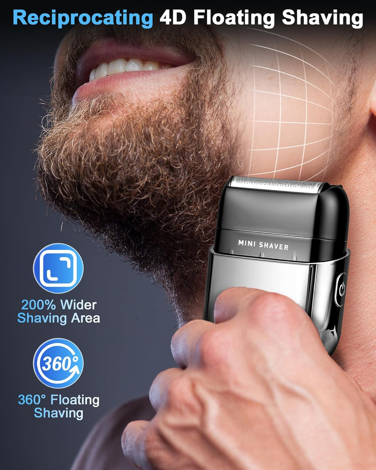 Ein Mann rasiert sich mit einem Mini-Rasierer, der 360° Floating Shaving bietet.
