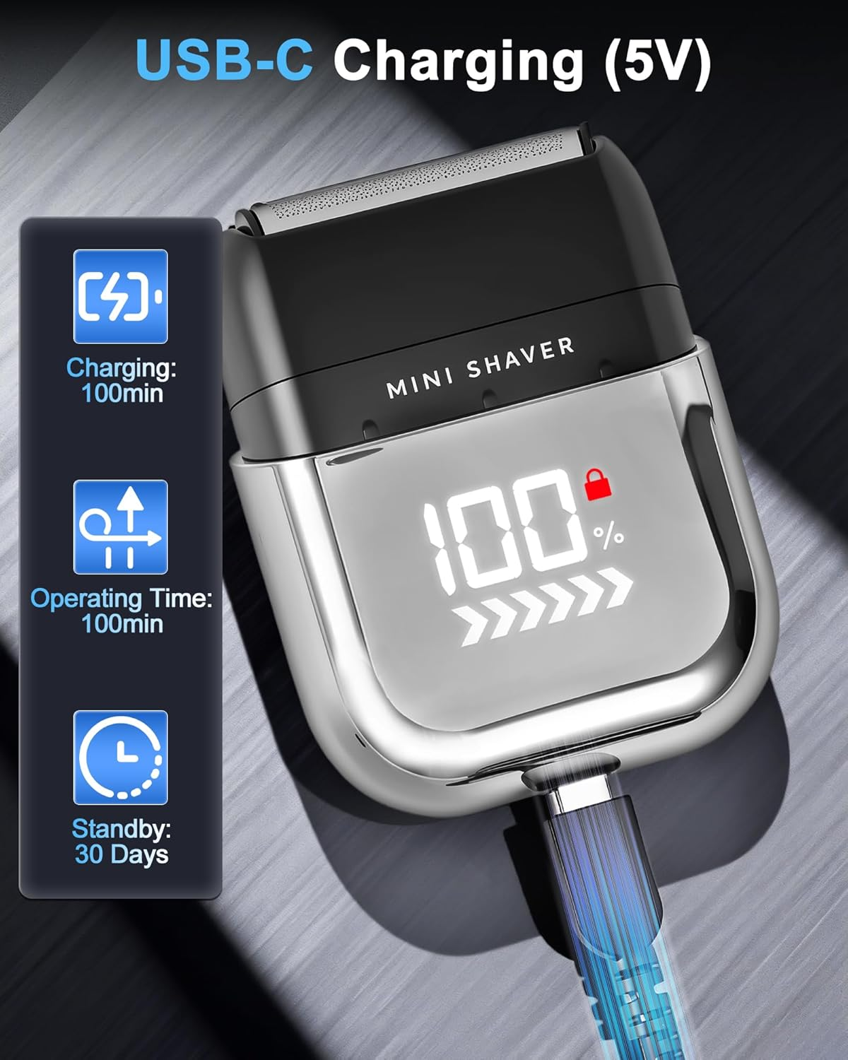 Mini-Rasierer wird über USB-C geladen, zeigt 100 % Akku, 100 Min Lade-/Betriebszeit, 30 Tage Standby.