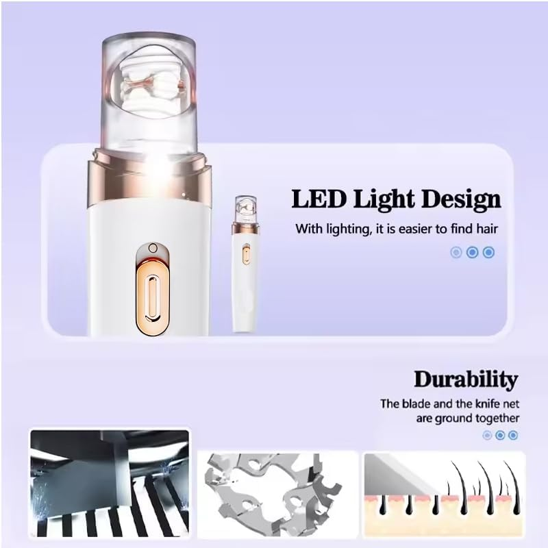 Ein weißer und goldener Haarentferner mit LED-Licht und drei Detailbildern.