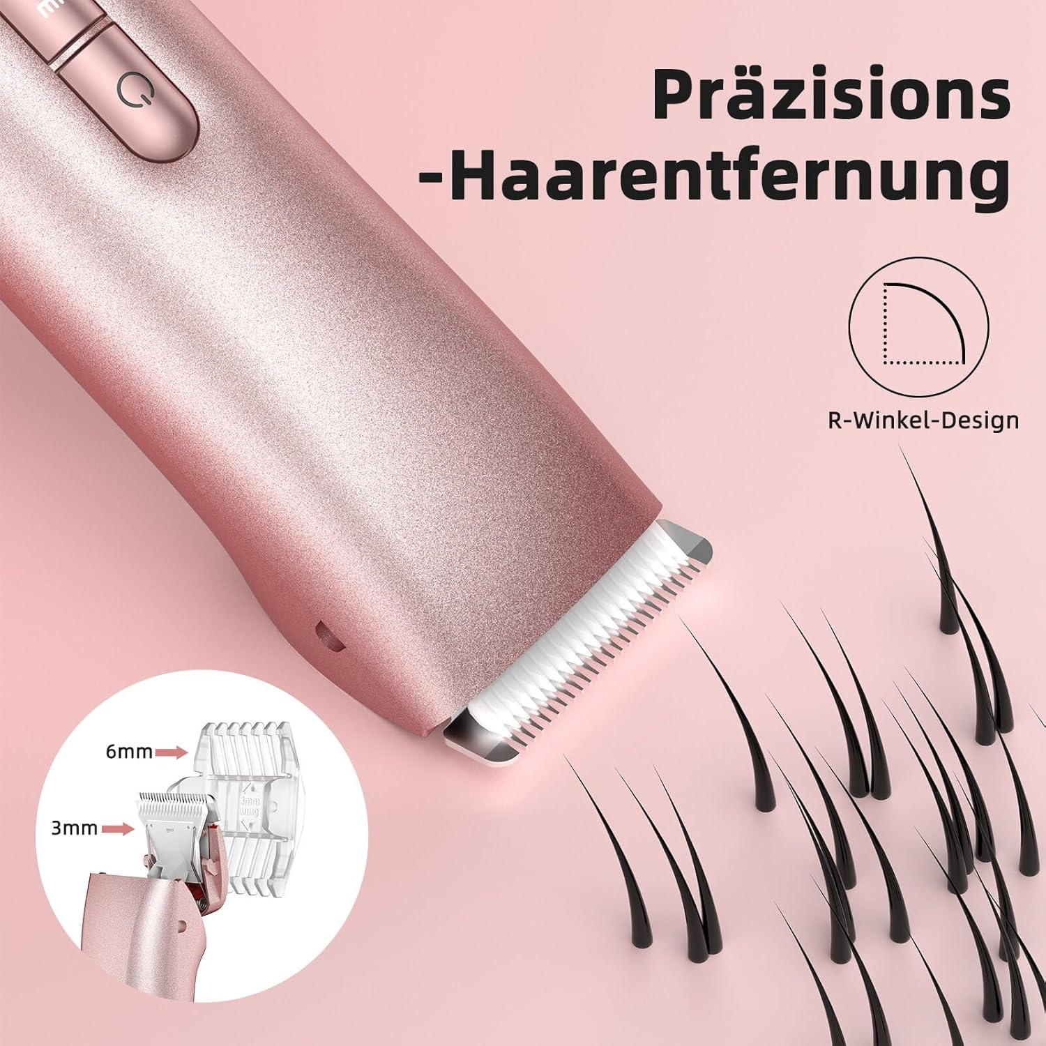 Ein roségoldener Haartrimmer mit Aufsätzen für 3mm und 6mm, daneben Haare.
