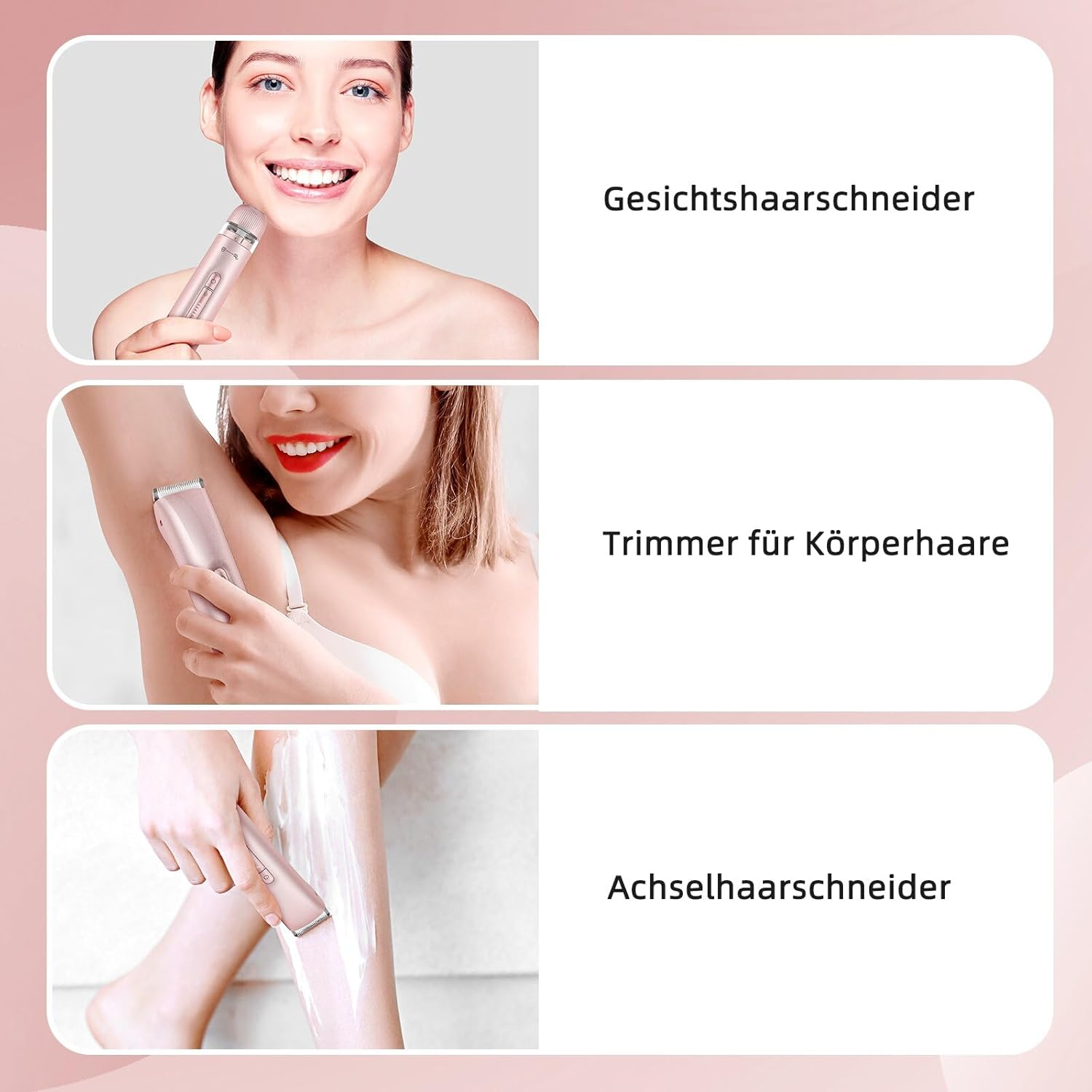 Frau mit Gesichts-Haarschneider, Frau mit Körper-Haarschneider, Frau mit Bein-Haarschneider.