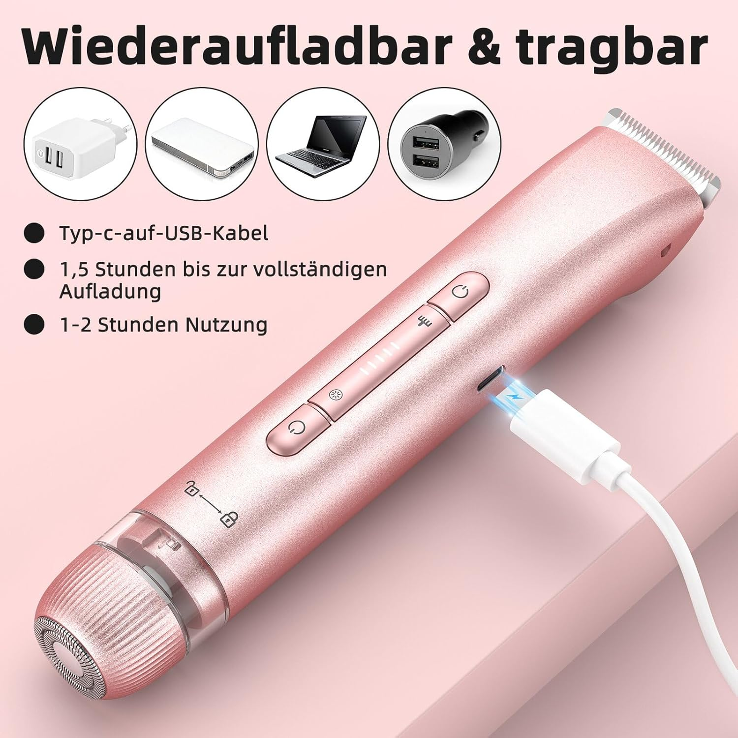Rosafarbener Rasierer lädt über USB-C. Bilder zeigen Ladezubehör.