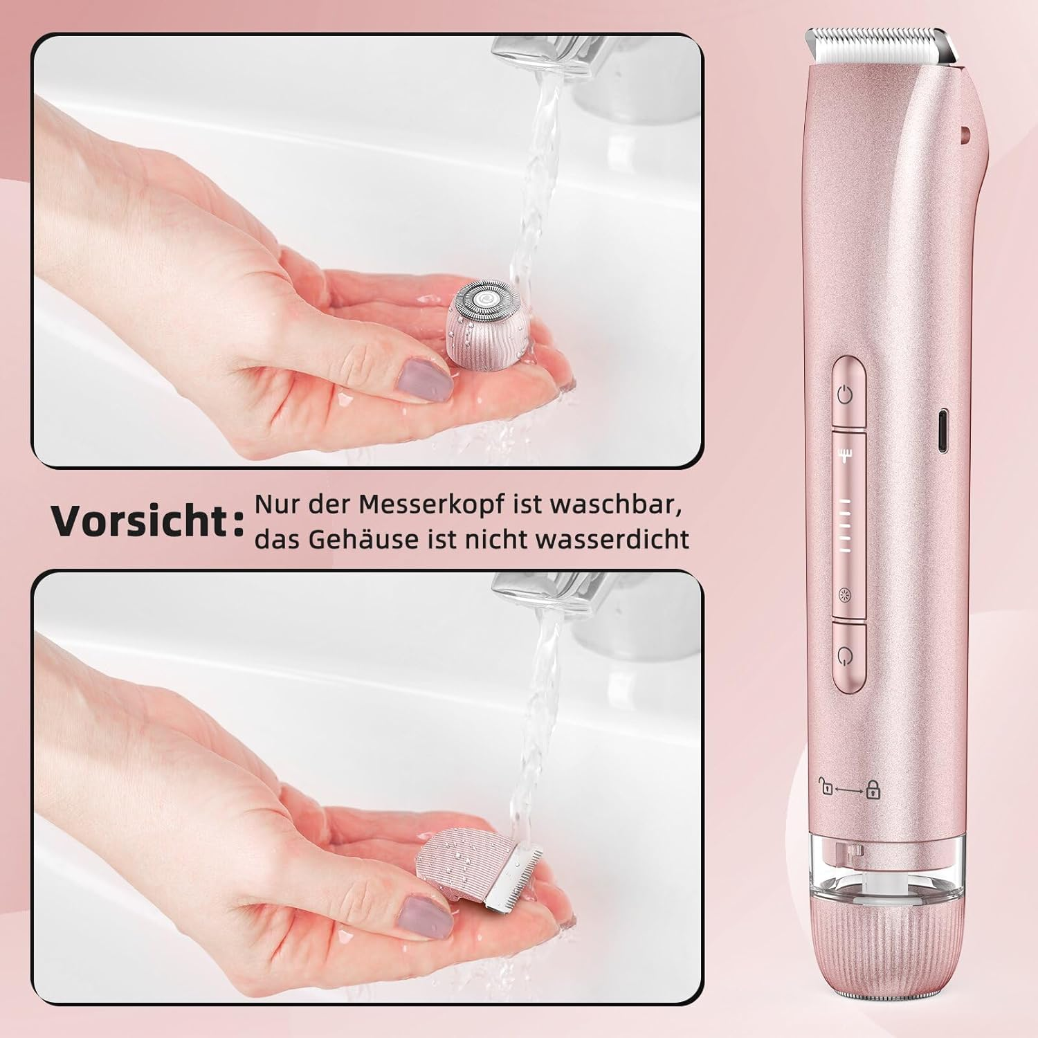 Eine Hand hält einen abnehmbaren Scherkopf unter fließendem Wasser, daneben ein rosa Rasierer.