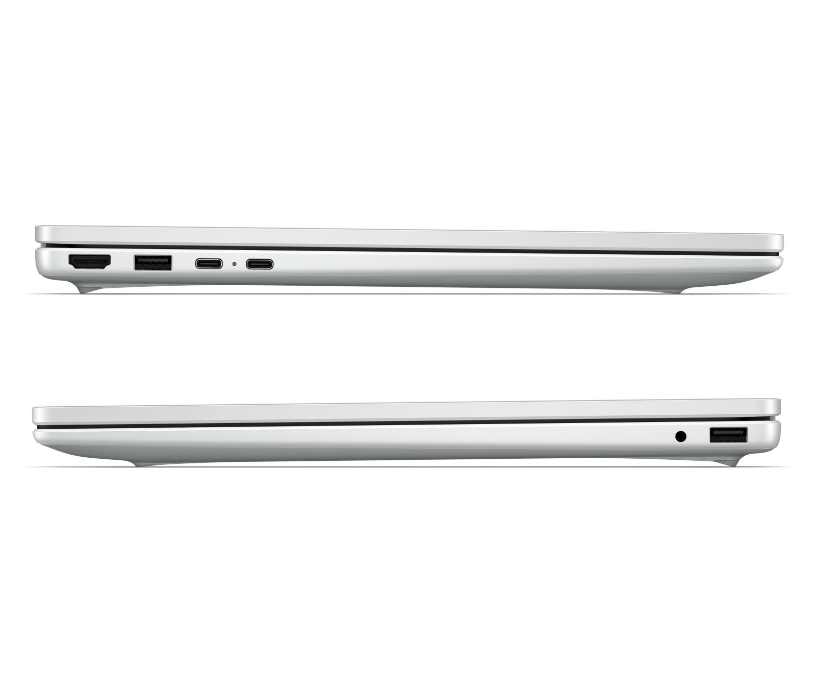 Die Seitenansicht eines schlanken, weißen Laptops mit verschiedenen Anschlüssen.