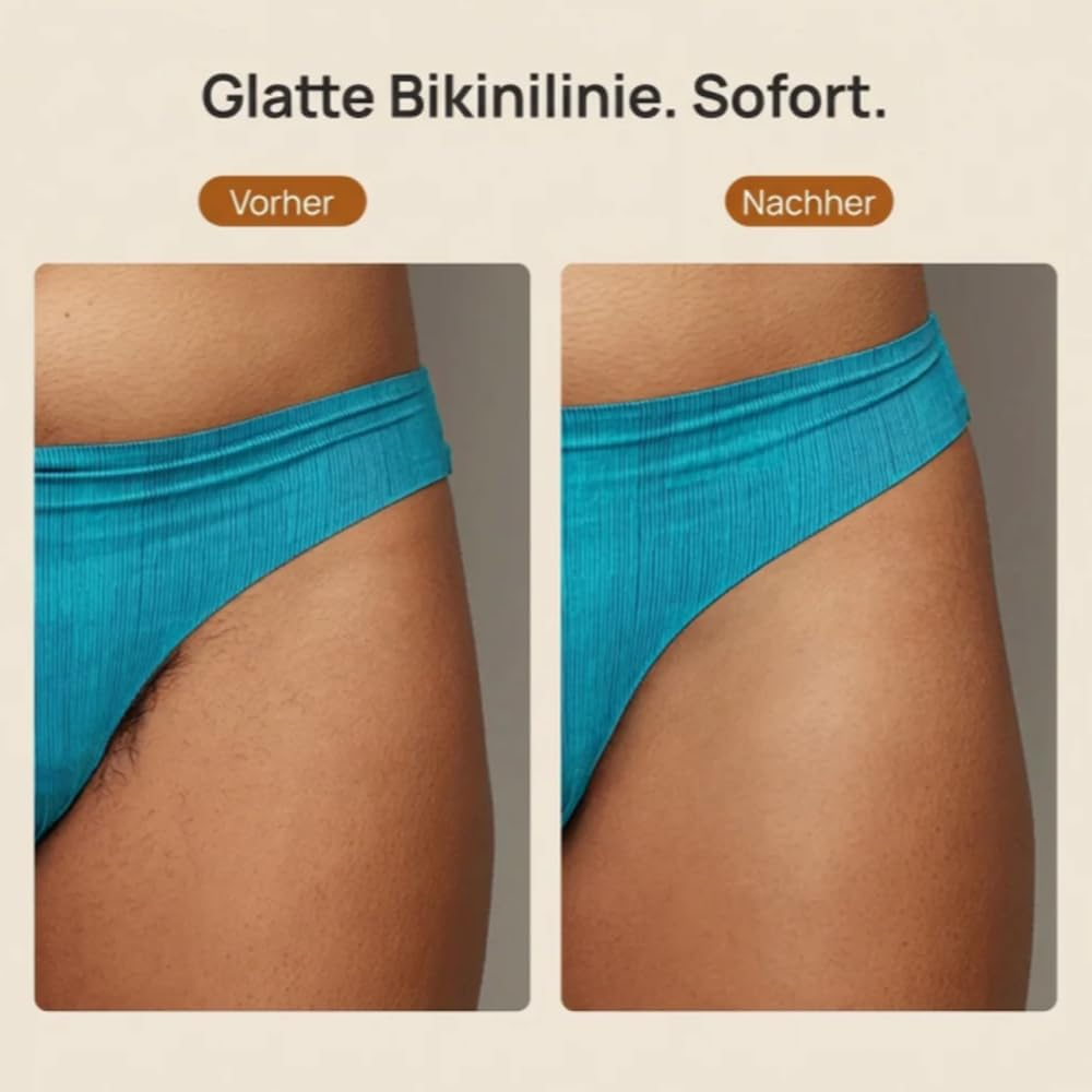 Vorher-Nachher-Vergleich von glatter Bikinizone in türkisfarbenen Slips.