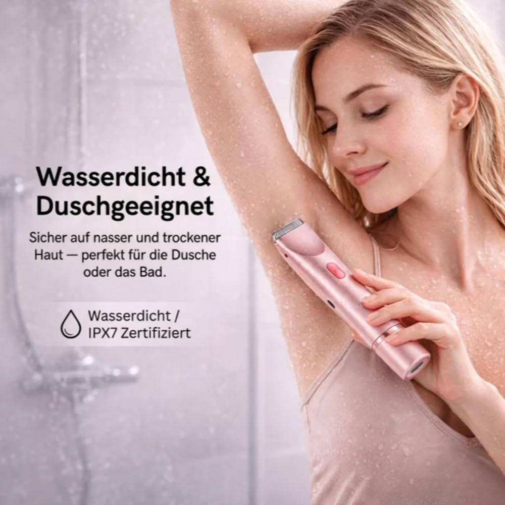 Eine Frau mit einem Roségold-Trimmer in der Dusche. Wasserdicht & Duschgeeignet.