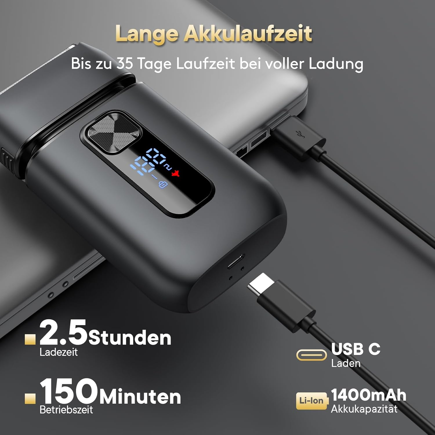 Schwarzer Elektrorasierer lädt per USB-C, zeigt 2,5h Ladezeit, 150 Min Laufzeit.