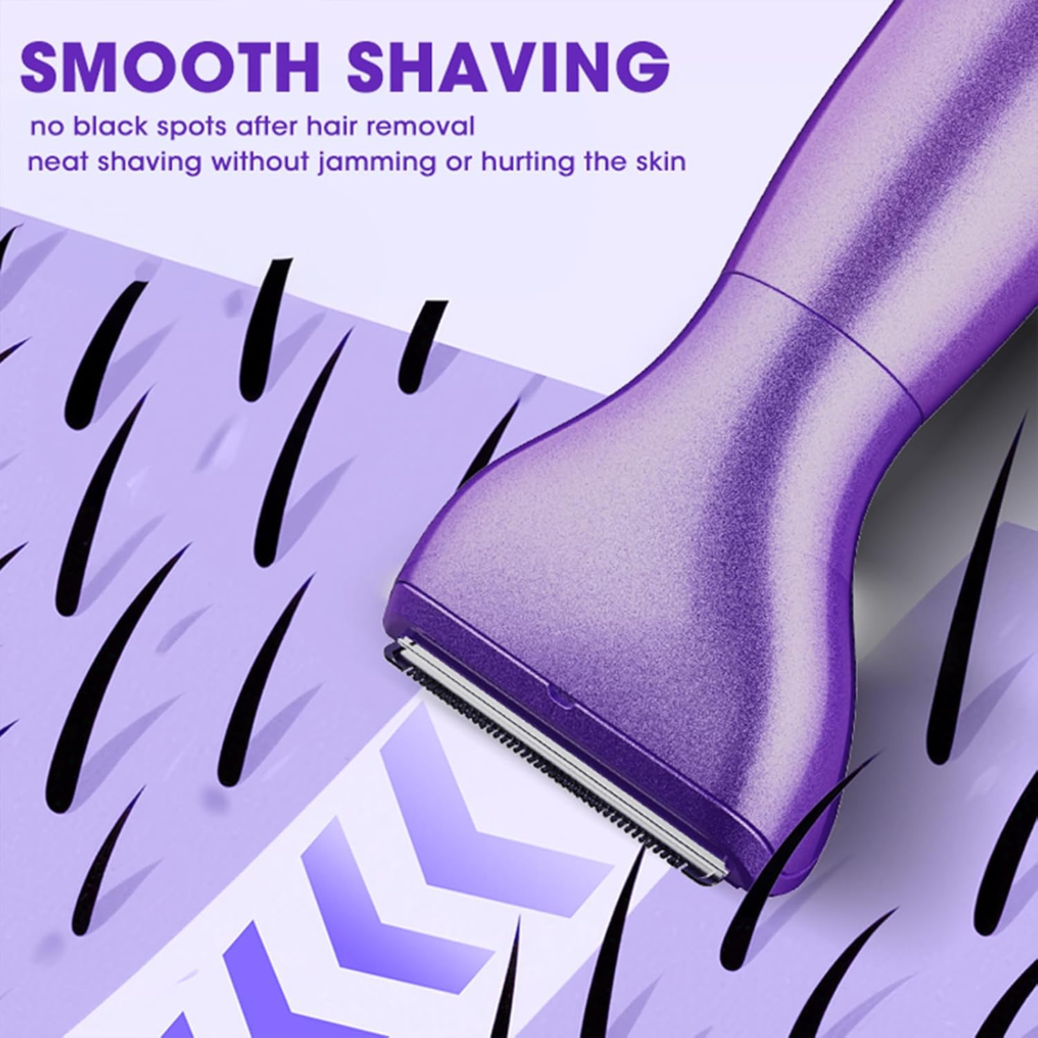 Ein violetter Damenrasierer mit Text, der "SMOOTH SHAVING" anzeigt.