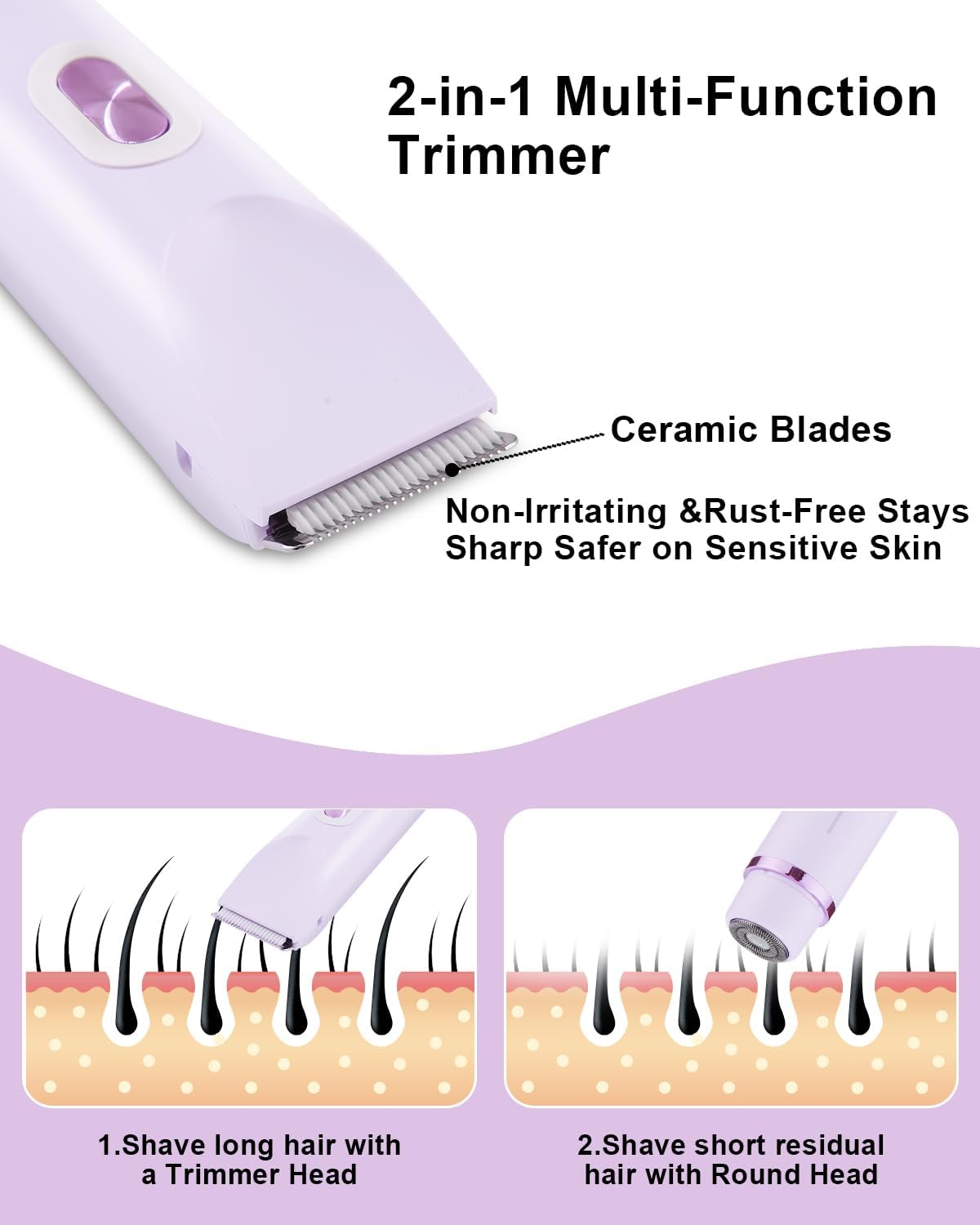 2-in-1 Trimmer mit Keramikklingen, der langes und kurzes Haar rasiert.