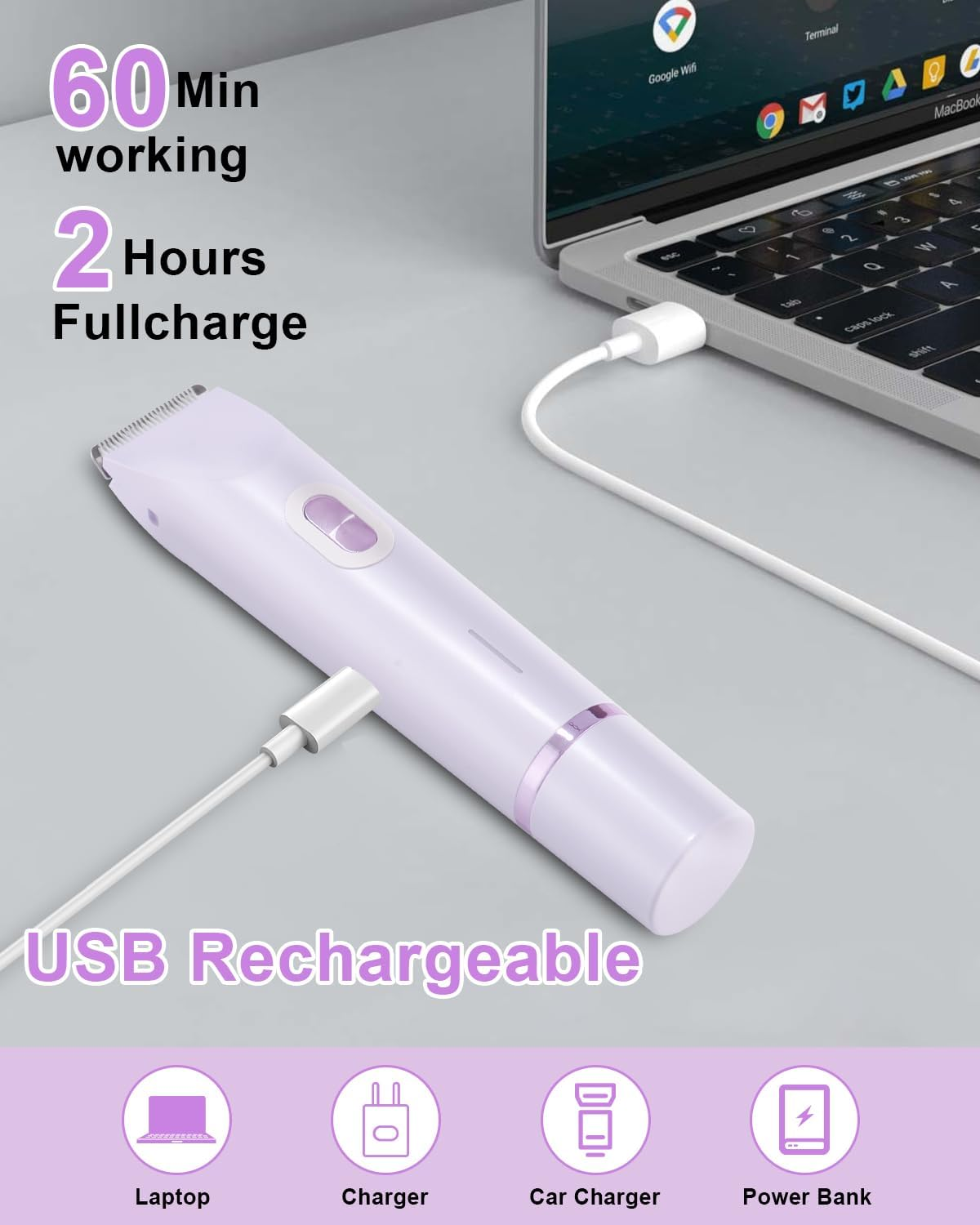 Lila Haarschneider wird über USB an ein MacBook geladen.