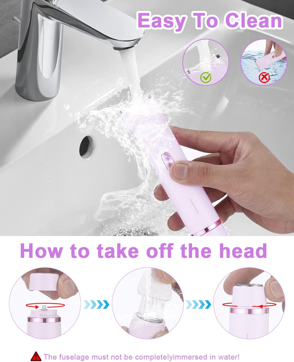 Ein rosa Epilierer wird unter einem Wasserhahn abgespült. Anleitungen zeigen Reinigung und Montage.
