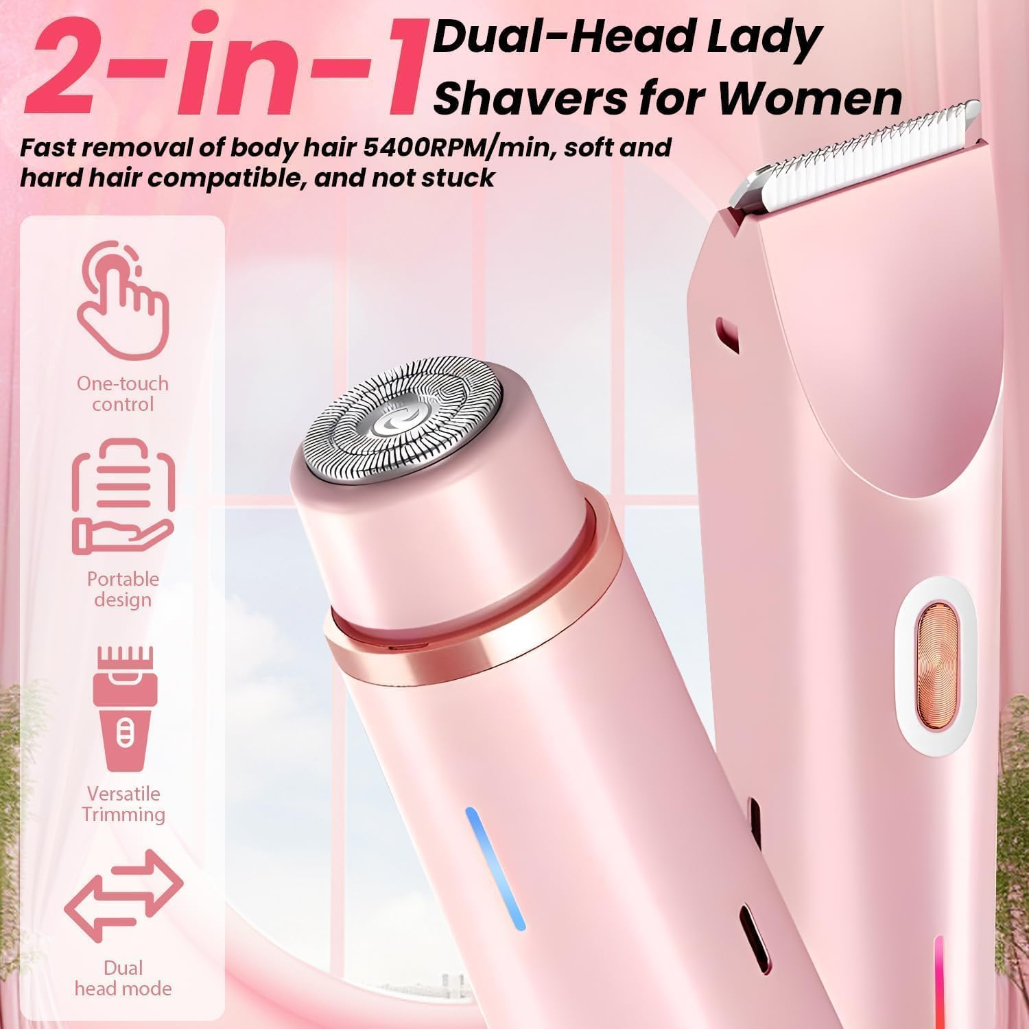 Pinker 2-in-1-Rasierer für Damen mit zwei Köpfen und Symbolen für Funktionen.