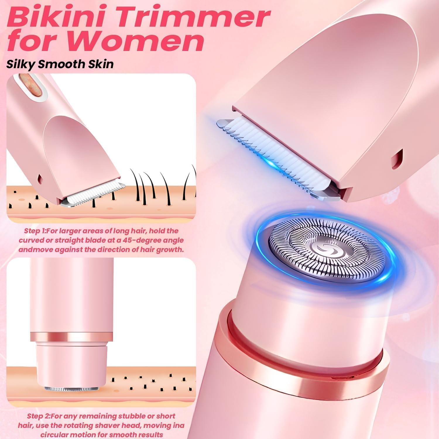 Ein rosa Bikini-Trimmer für Frauen mit detaillierten Anweisungen.