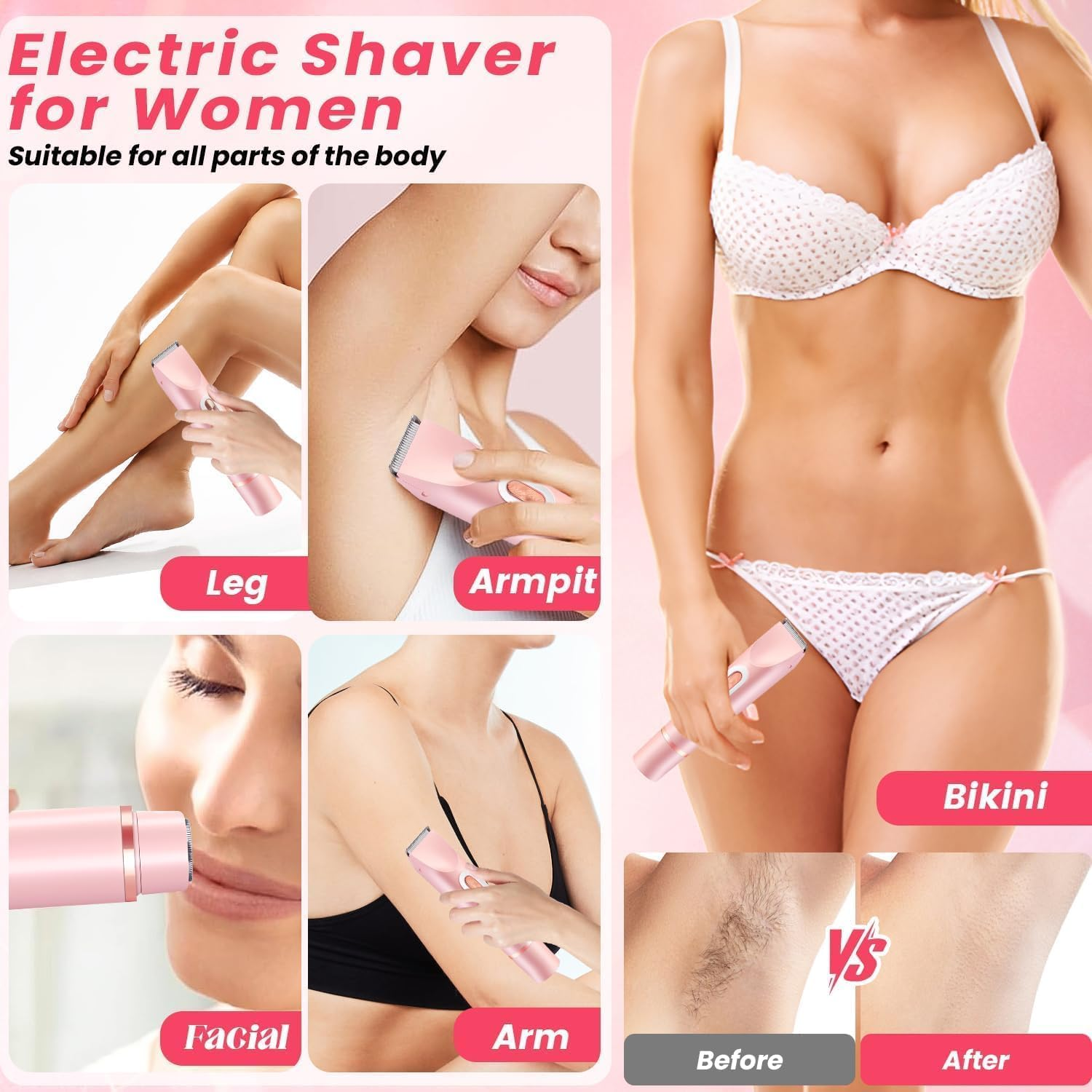 Frauen-Rasierer für Beine, Achseln, Gesicht, Bikini. Vorher/Nachher-Vergleich.