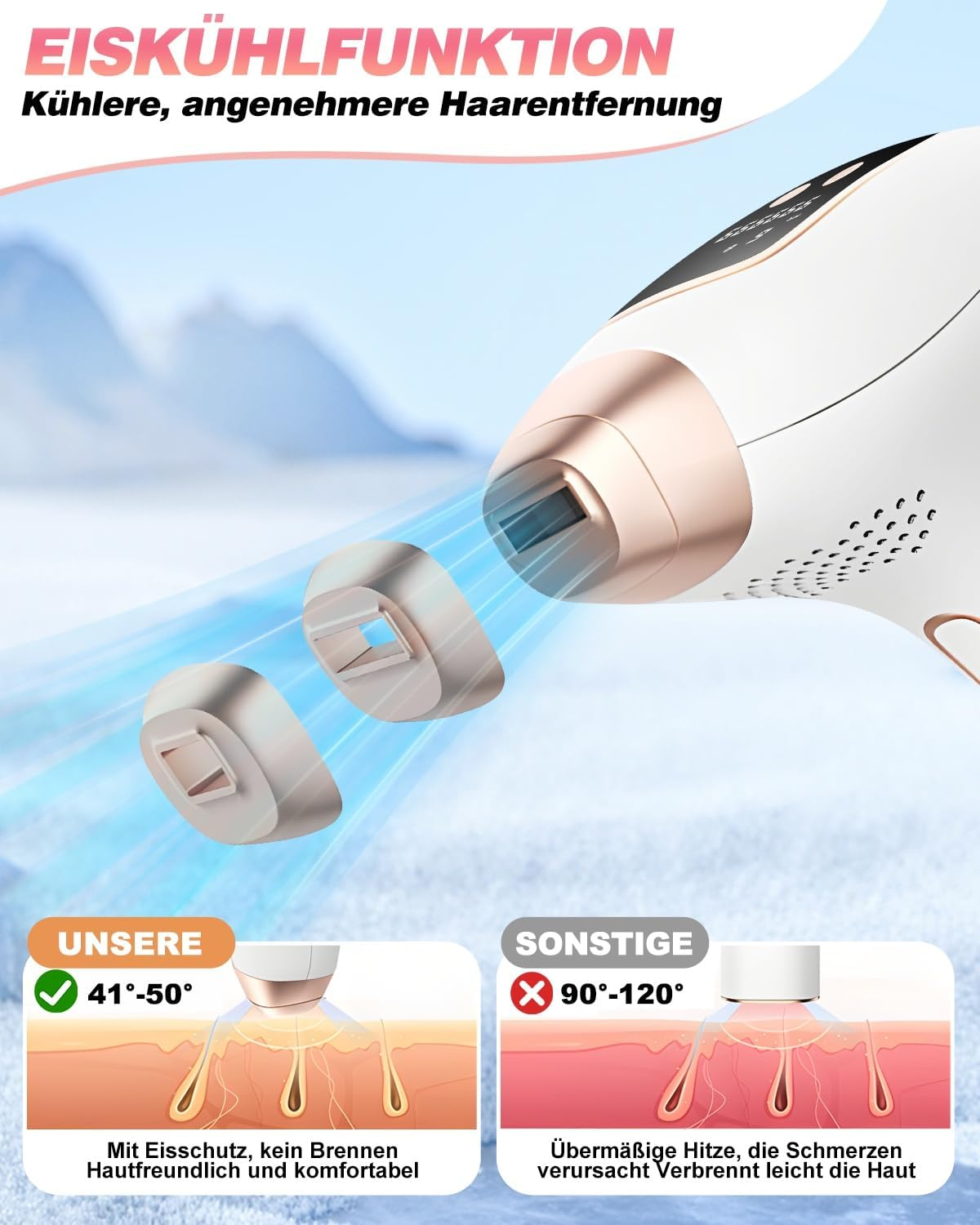 IPL-Haarentfernungsgerät mit Eis-Kühlfunktion, zeigt Temperaturvergleich.