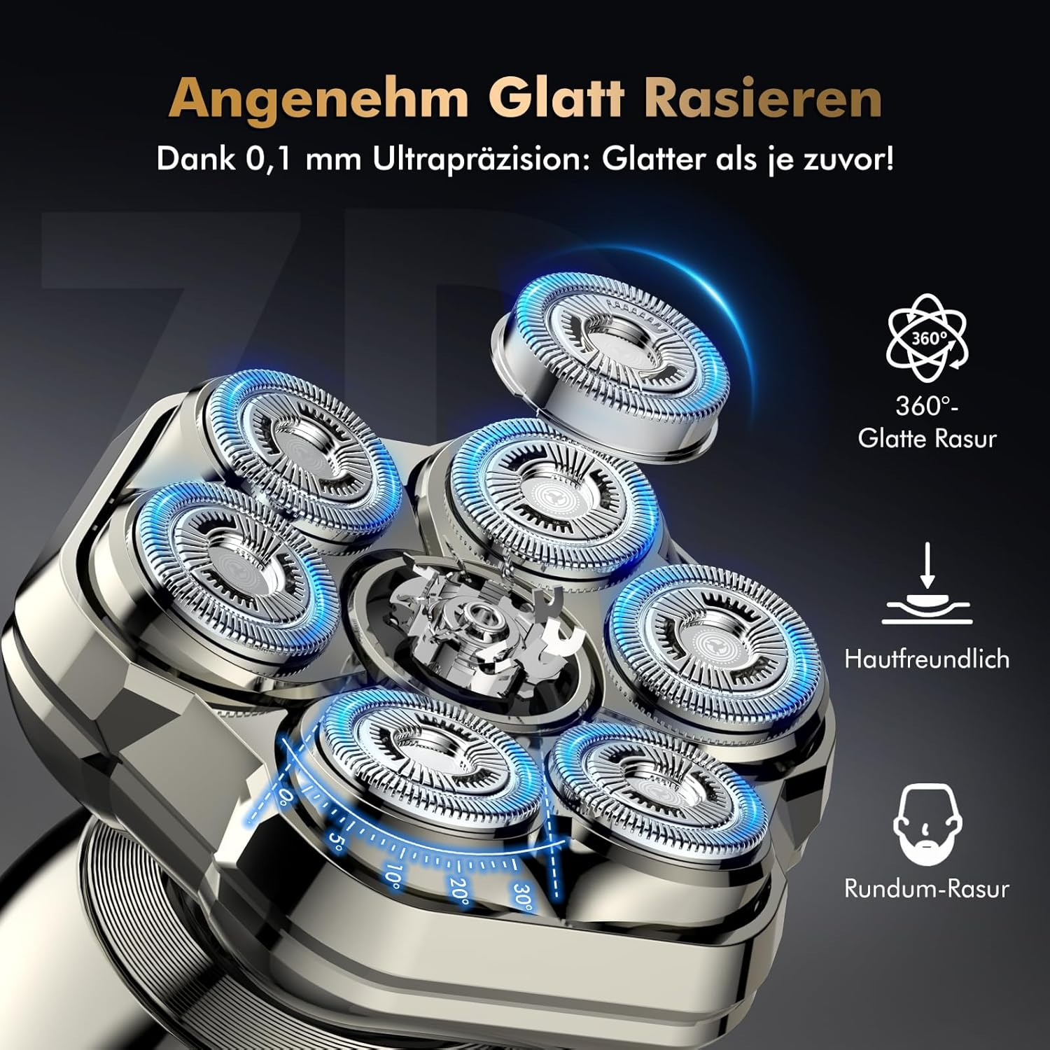 Ein silberner Elektrorasierer mit sieben rotierenden Klingen und blauen Lichtern.