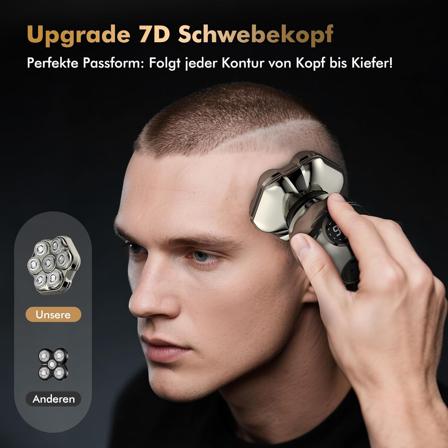 Mann rasiert Kopf mit 7D Scherkopf. Links: Vergleich von Scherkoepfen.