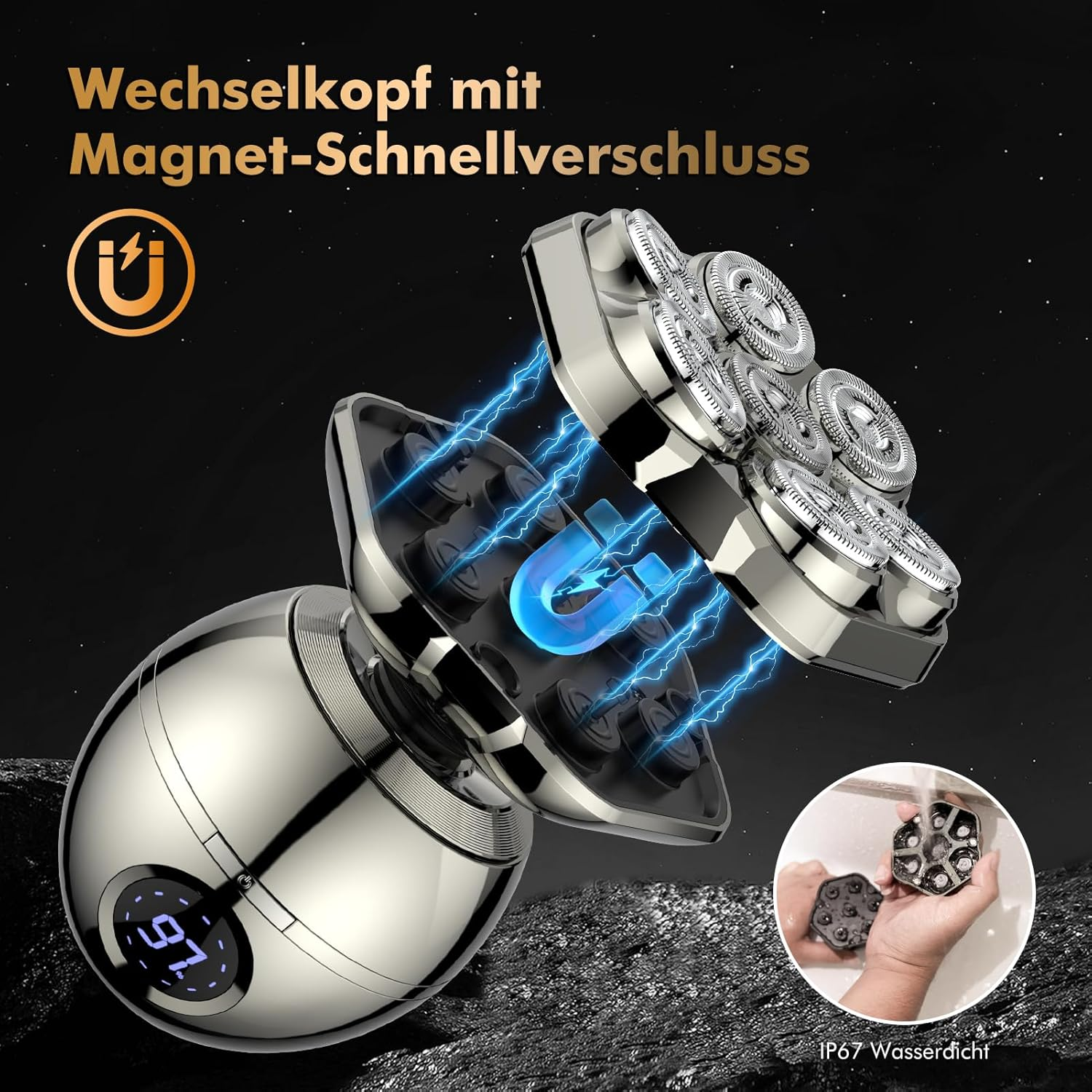Elektrischer Rasierer mit Magnet-Schnellverschluss und digitaler Anzeige.