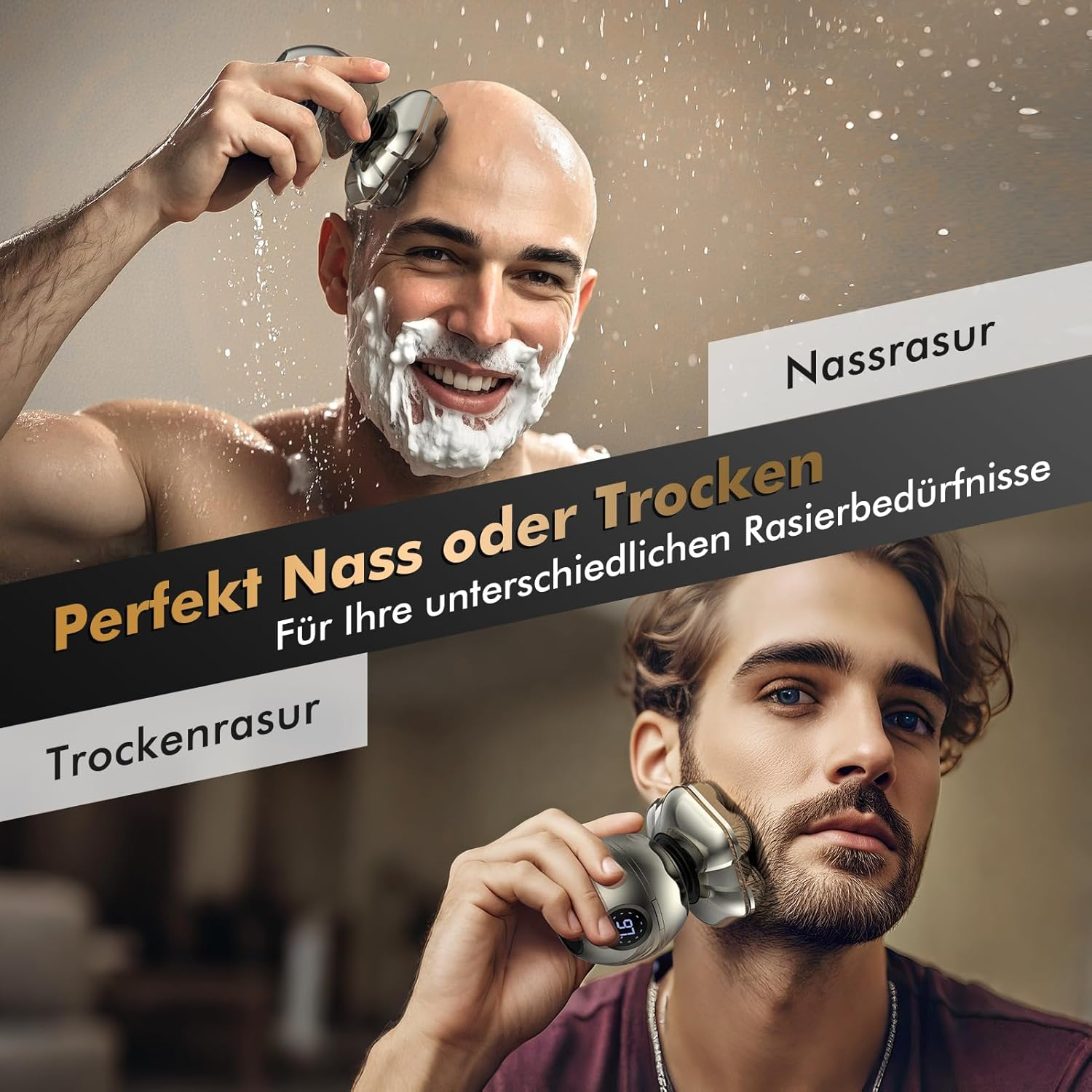 Mann mit Rasierschaum rasiert sich den Kopf, unten ein Mann rasiert sich den Bart.