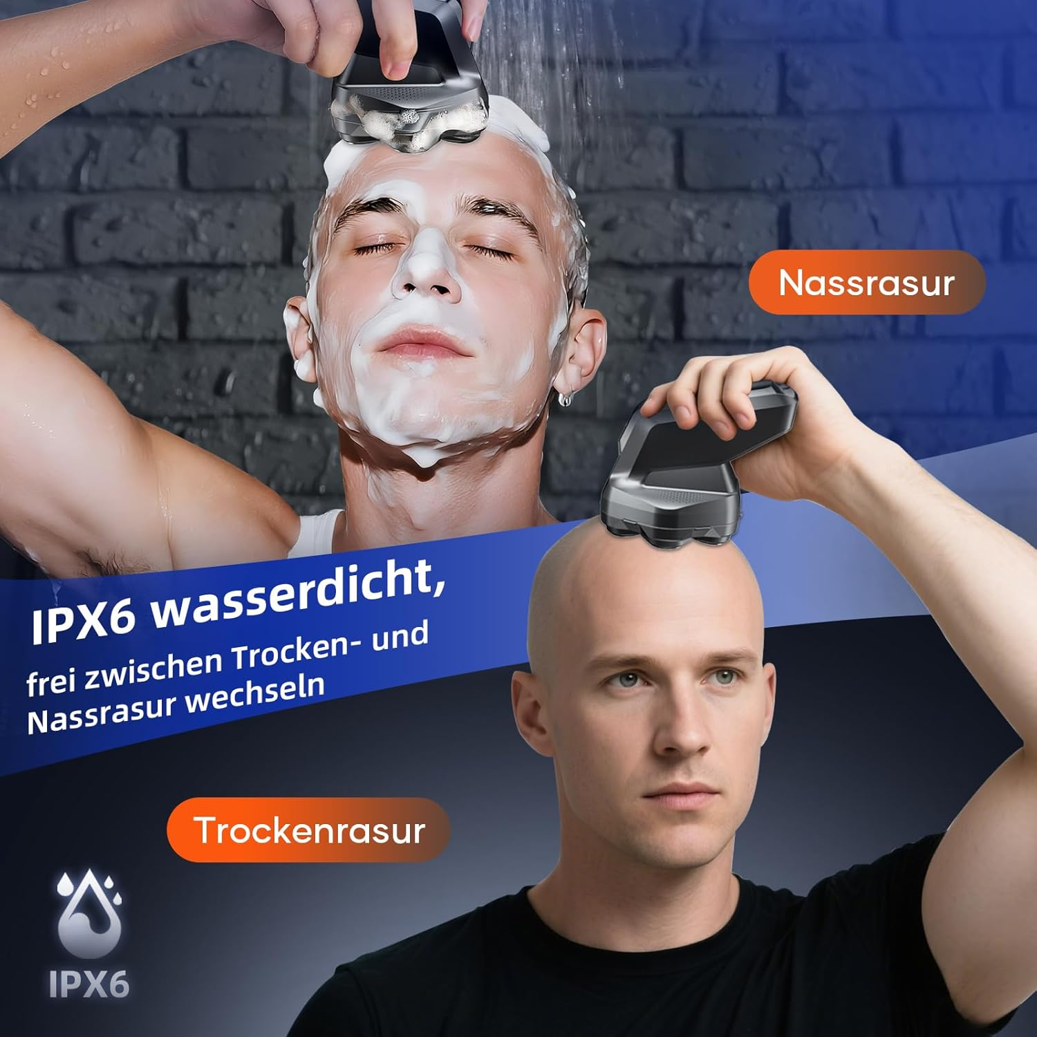 Zwei Männer rasieren Köpfe mit Elektrorasierern. Einer nass, einer trocken.