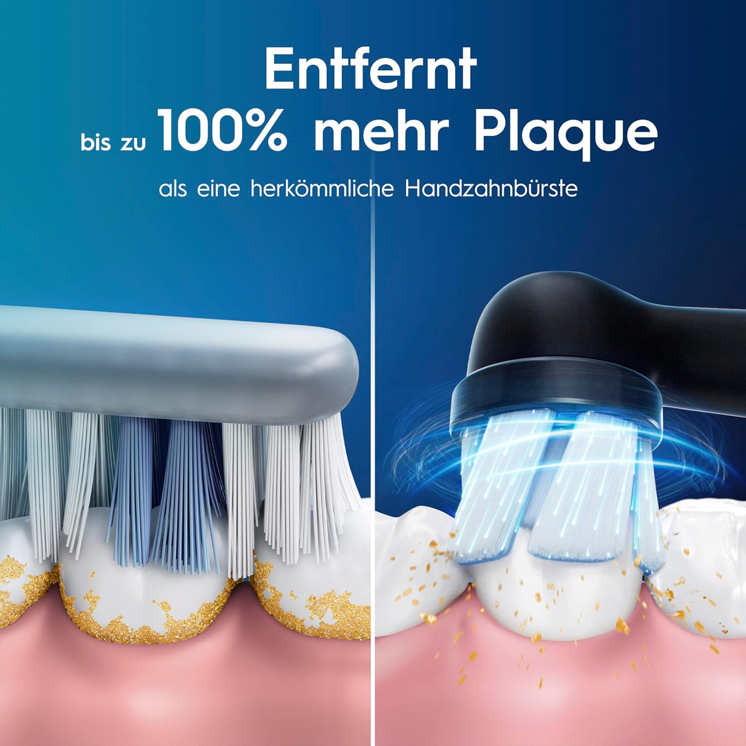 Vergleich von zwei Zahnbürsten, die Zähne mit Plaque reinigen. Handbürste links, elektrische Bürste rechts.