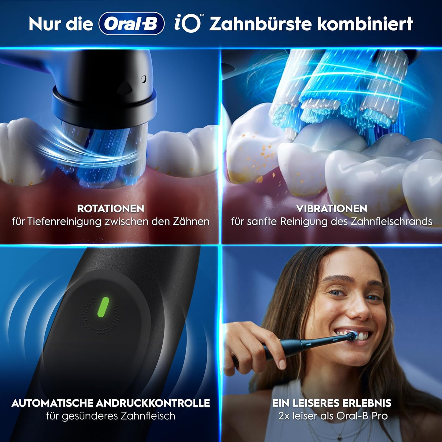 Elektrische Zahnbürste in Aktion: Rotation, Vibration, Druckkontrolle und Nutzerin.