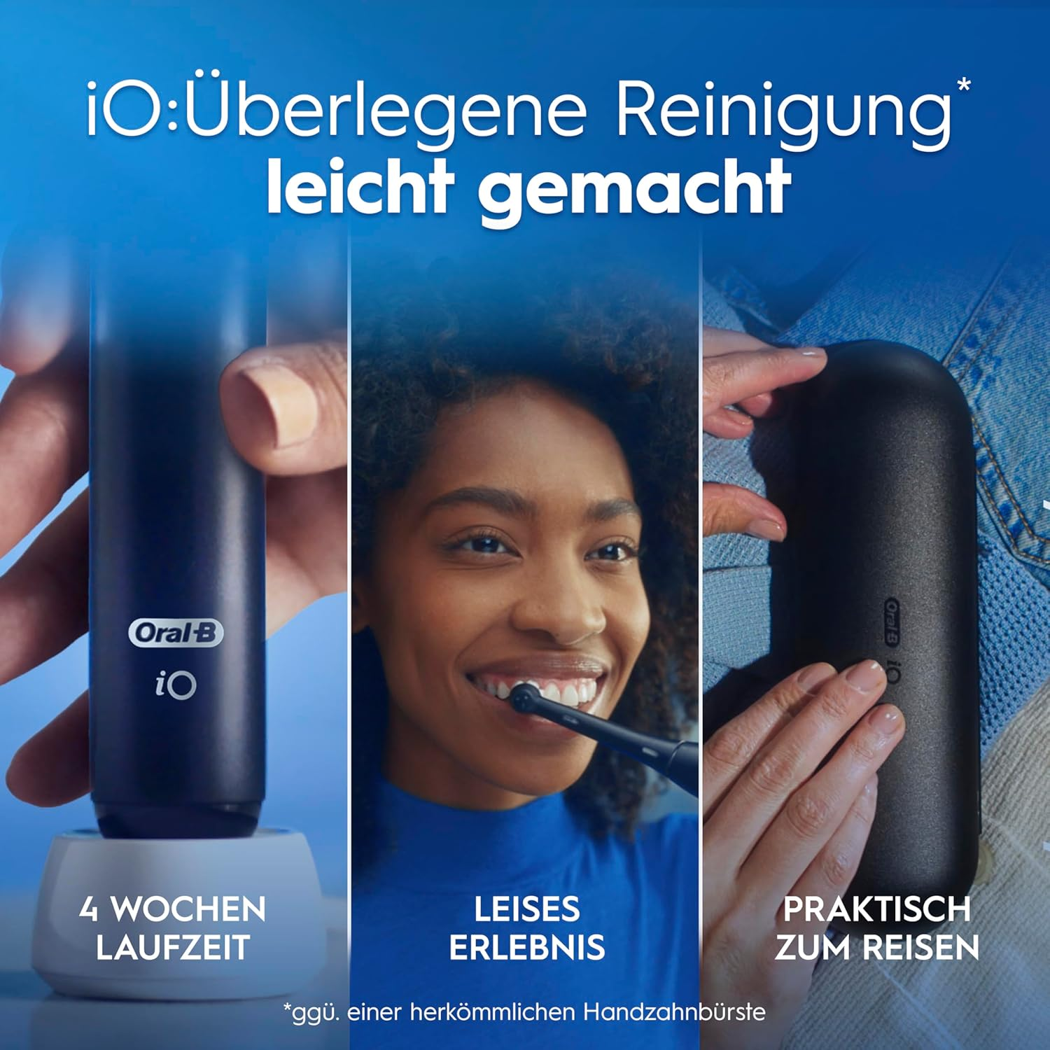Drei Szenen zeigen eine Oral-B iO Zahnbürste: Aufladen, Benutzen, Reisen.