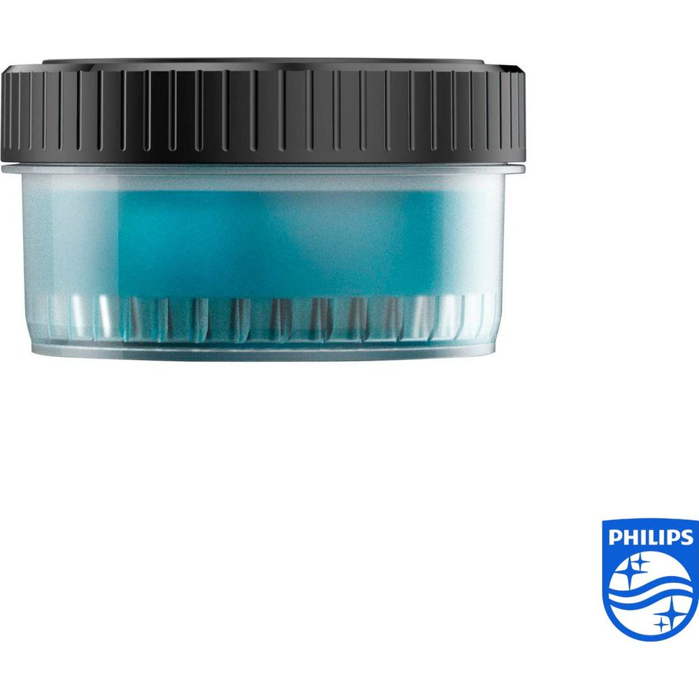 Oggetto liquido blu con coperchio nero su sfondo bianco.