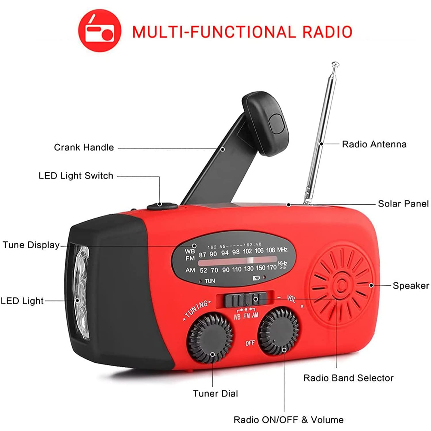 Una radio multifuncional roja con manivela, panel solar, antena y luz LED.