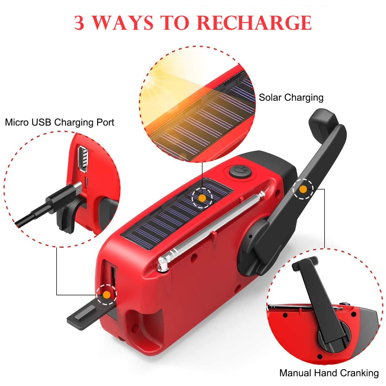 Un dispositivo rojo que muestra carga solar, puerto USB y manivela manual.