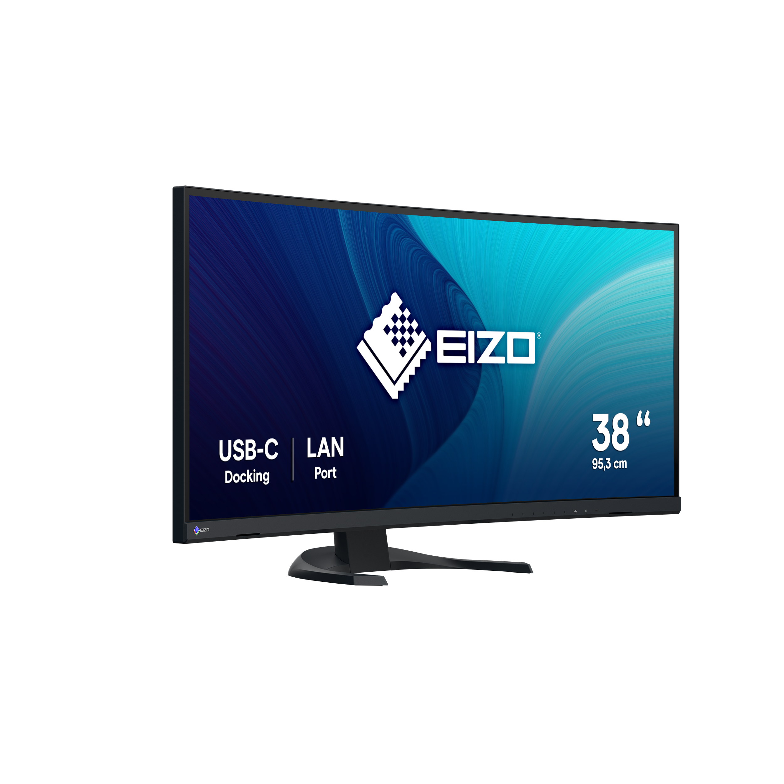 Un monitor EIZO da 38 pollici con USB-C, LAN e sfondo blu astratto.