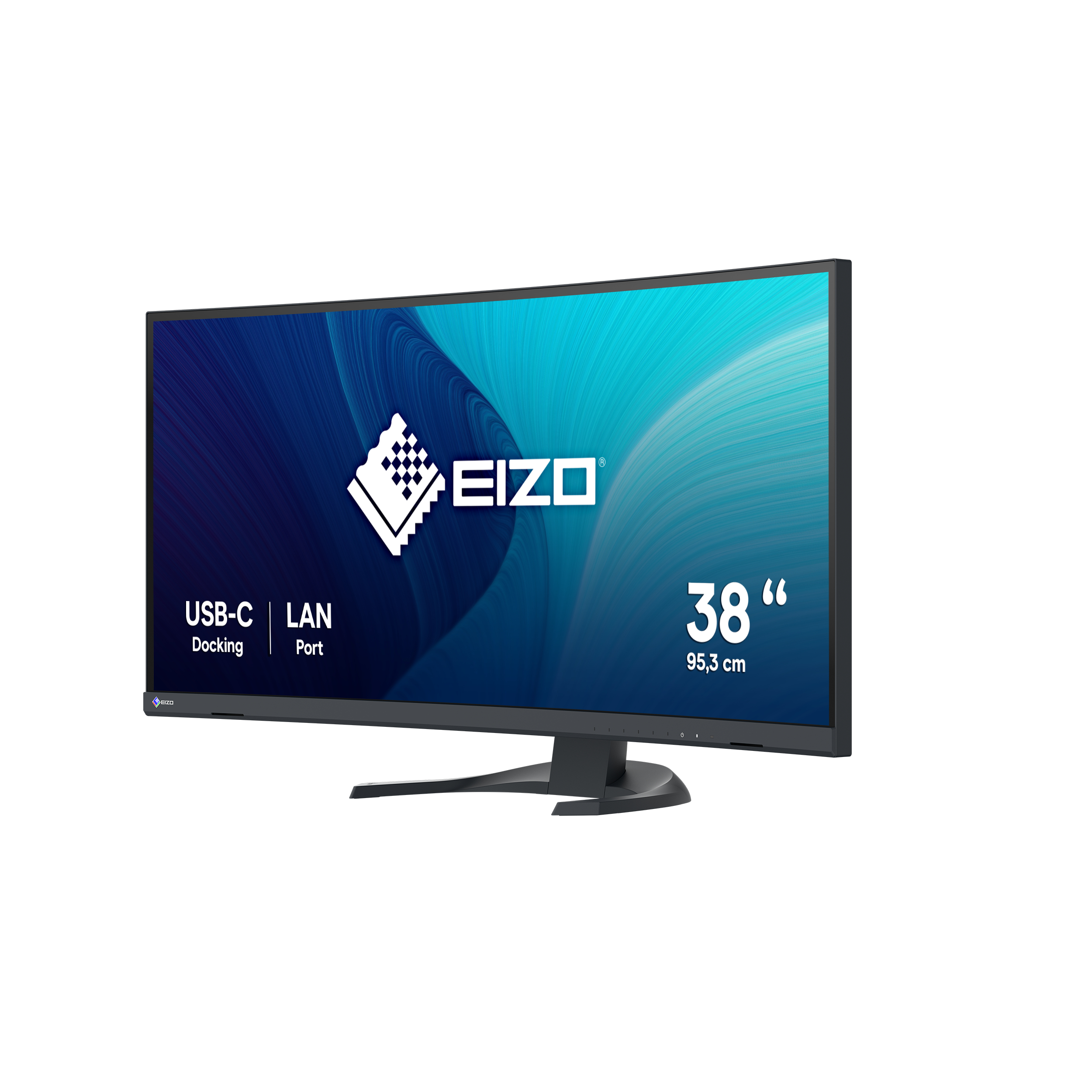 Un monitor Eizo nero da 38 pollici con docking USB-C e porta LAN.