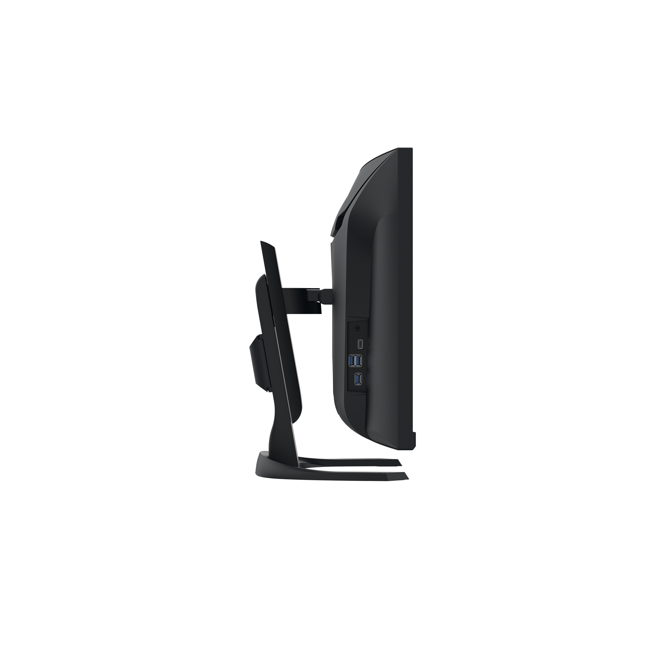 Un monitor per computer nero con porte sul lato, montato su un supporto.
