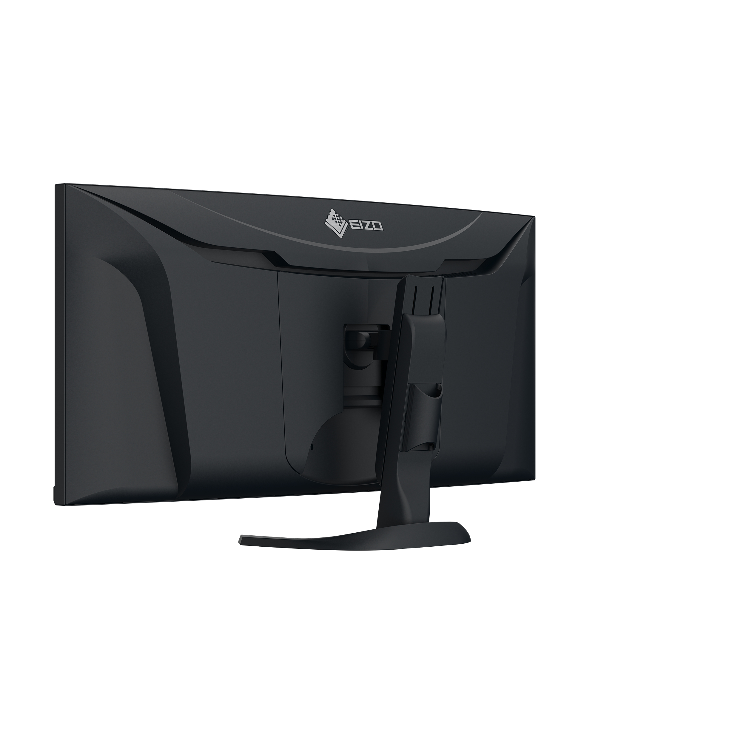 Vista posteriore di un monitor nero con logo EIZO e supporto regolabile.