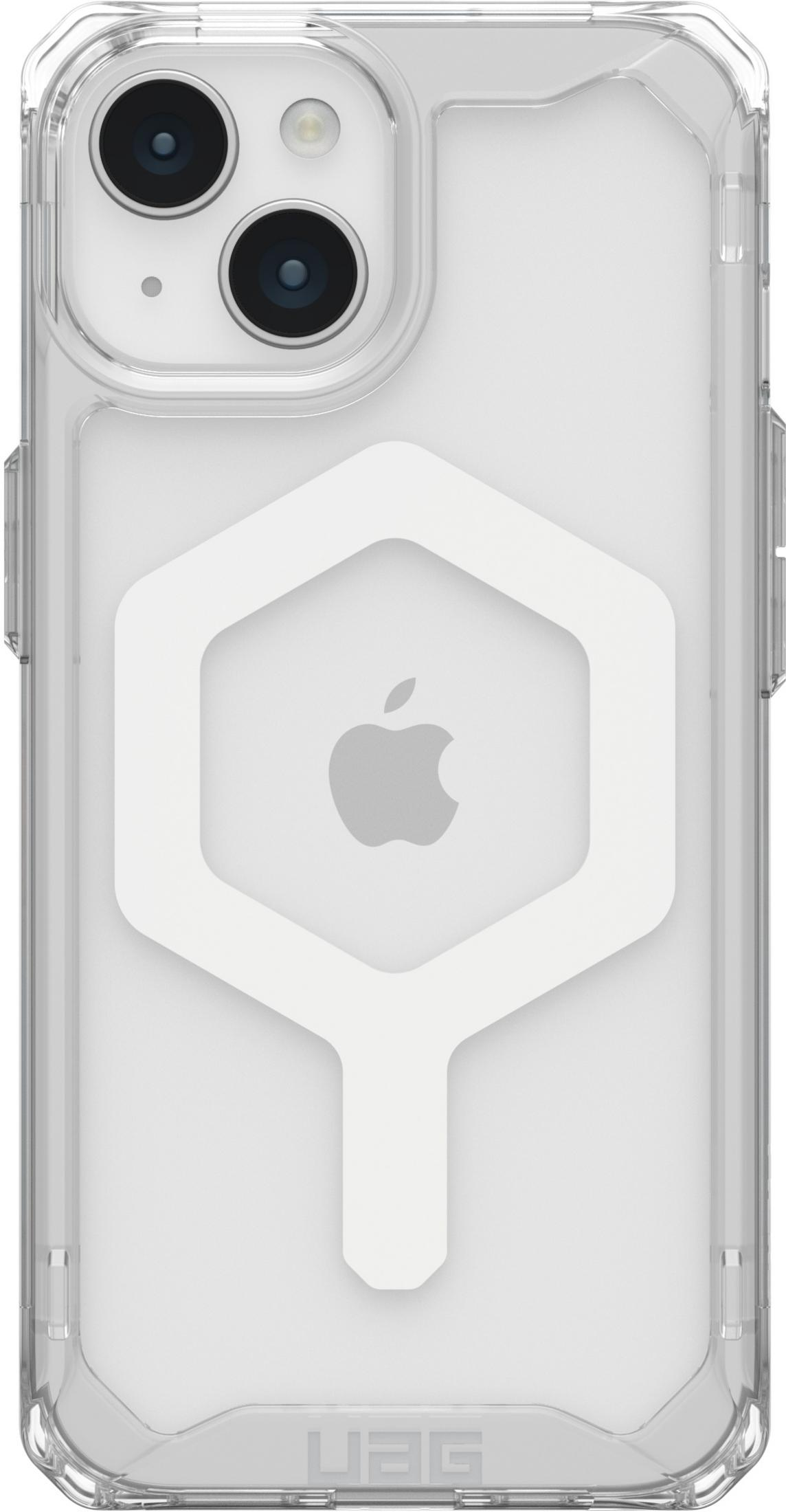 Custodia trasparente con motivo esagonale bianco e logo Apple.