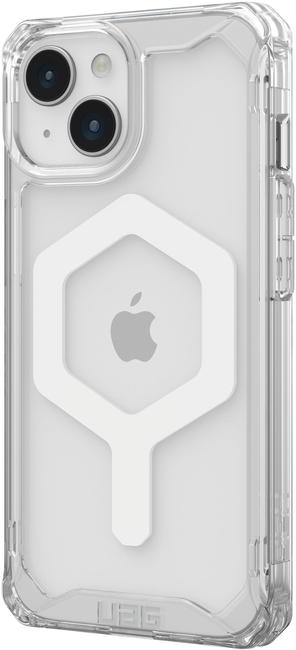 Una custodia trasparente per telefono con design esagonale bianco attorno al logo Apple.
