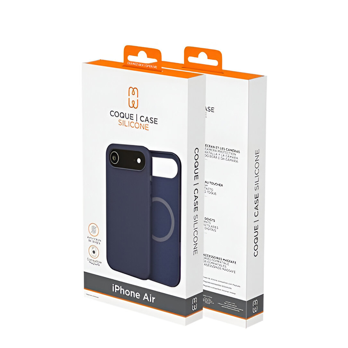 Due custodie in silicone blu scuro per iPhone con MagSafe.