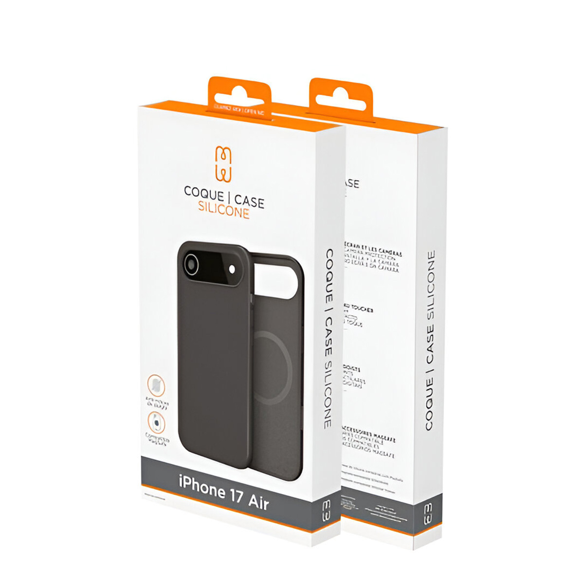 Due confezioni di cover in silicone per iPhone 17 Air, una davanti, una dietro.