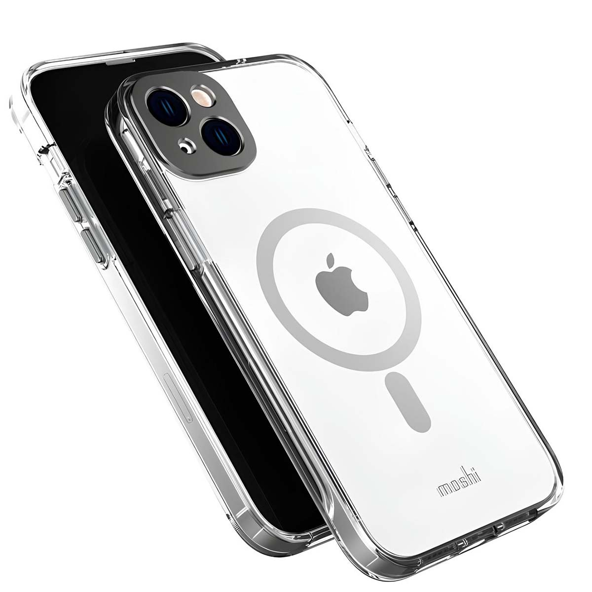 Una cover trasparente per telefono con logo Apple e cerchio MagSafe.